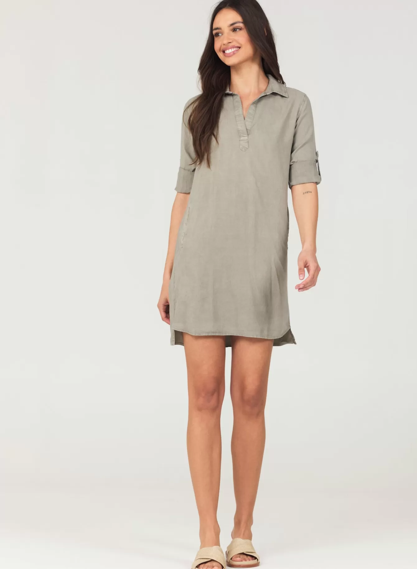 Bella Dahl Essentials Dresses-A-Line Rolled Tab Sleeve Dress - Soft Army