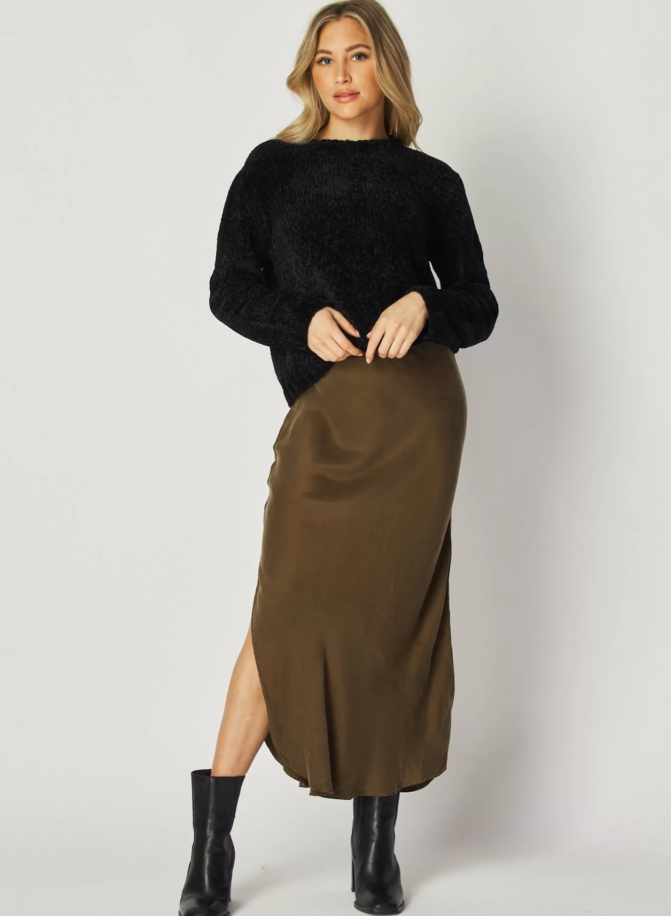 Bella Dahl Skirts-Asymmetric Side Slit Bias Skirt - Autumn Olive