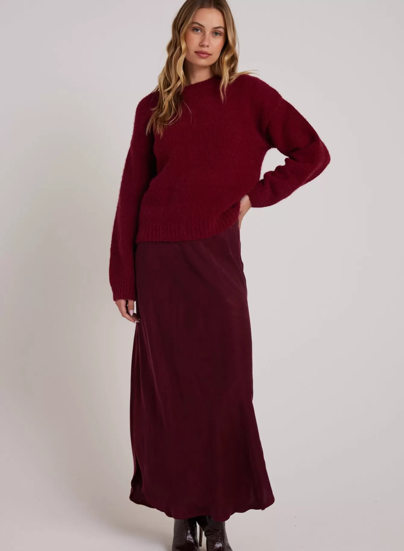 Bella Dahl Skirts-Asymmetric Side Slit Bias Skirt - Deep Plum