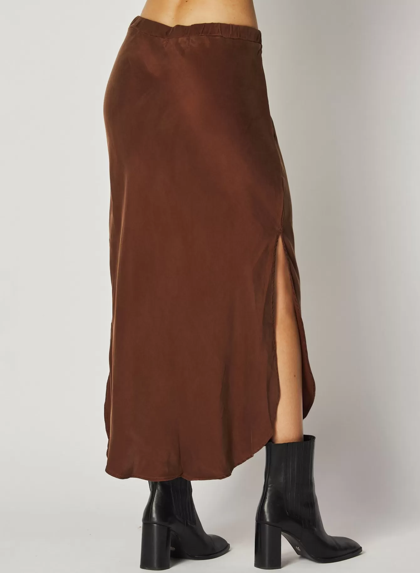 Bella Dahl Skirts-Asymmetric Side Slit Bias Skirt - Mahogany Brown