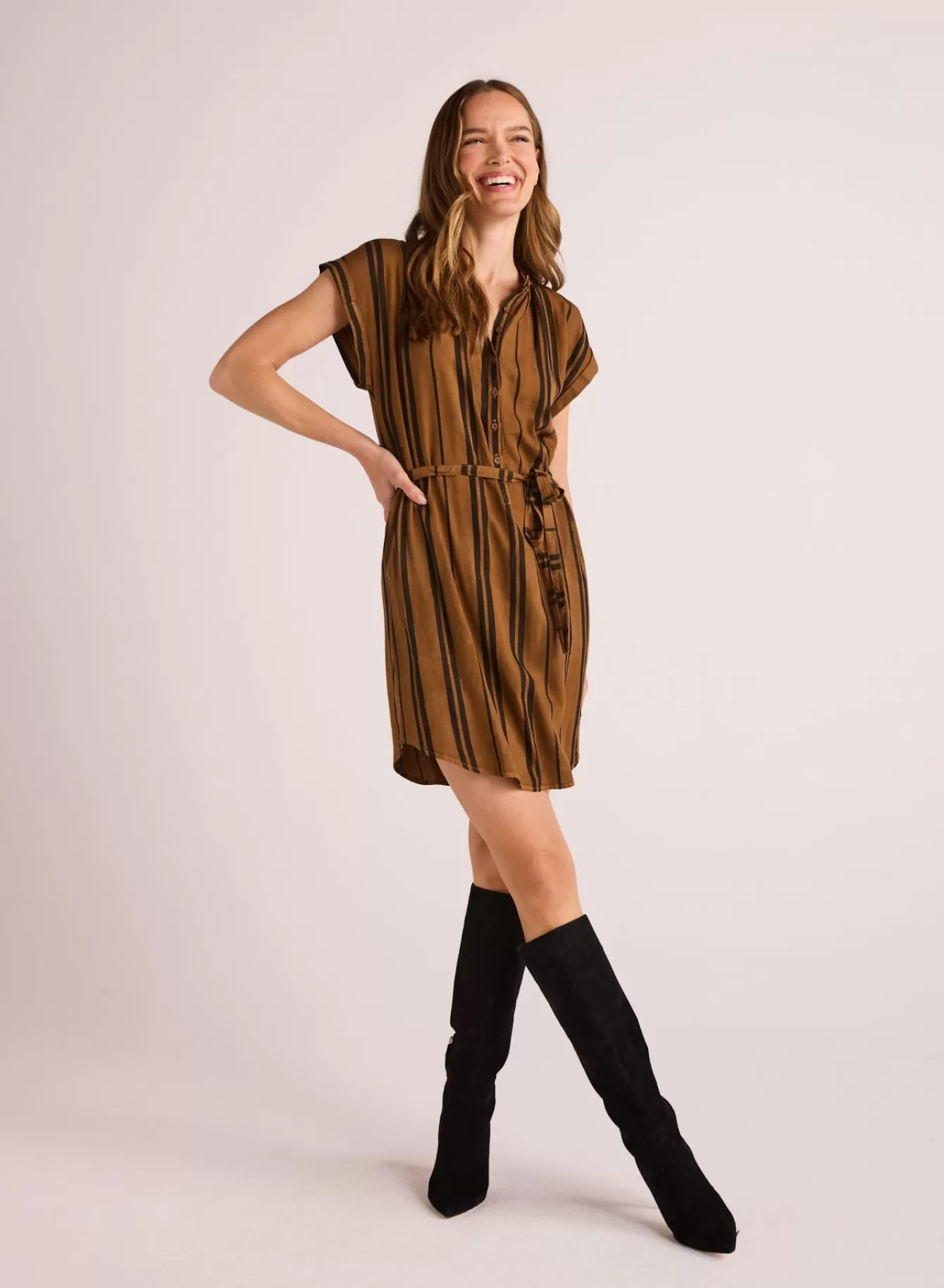 Bella Dahl Short Dresses-Belted Cap Sleeve Dress - Gilded Brown