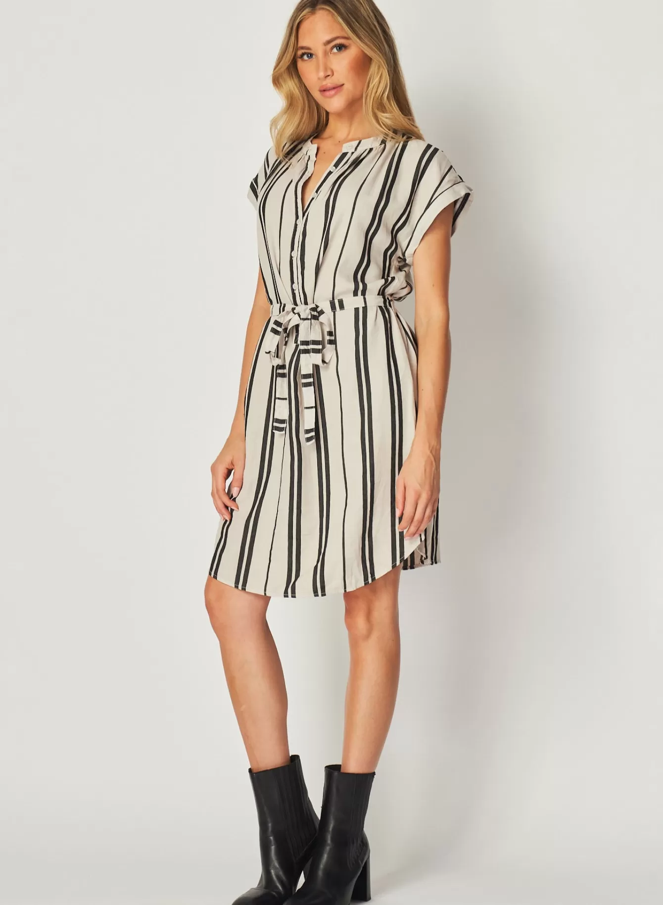 Bella Dahl Short Dresses-Belted Cap Sleeve Dress - Soft Ecru