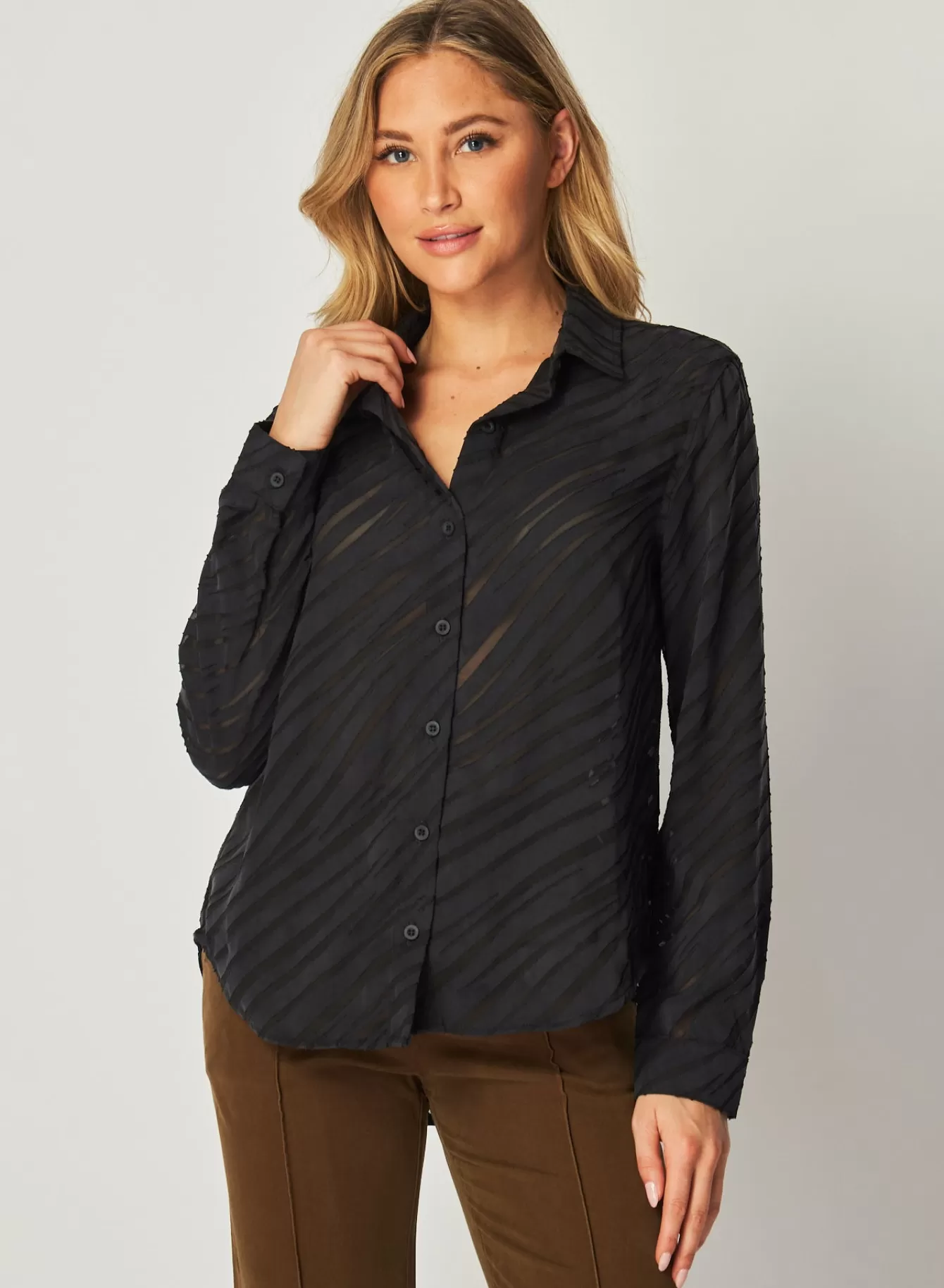 Bella Dahl Long Sleeve-Burn Out Button Down Shirt - Black Zebra