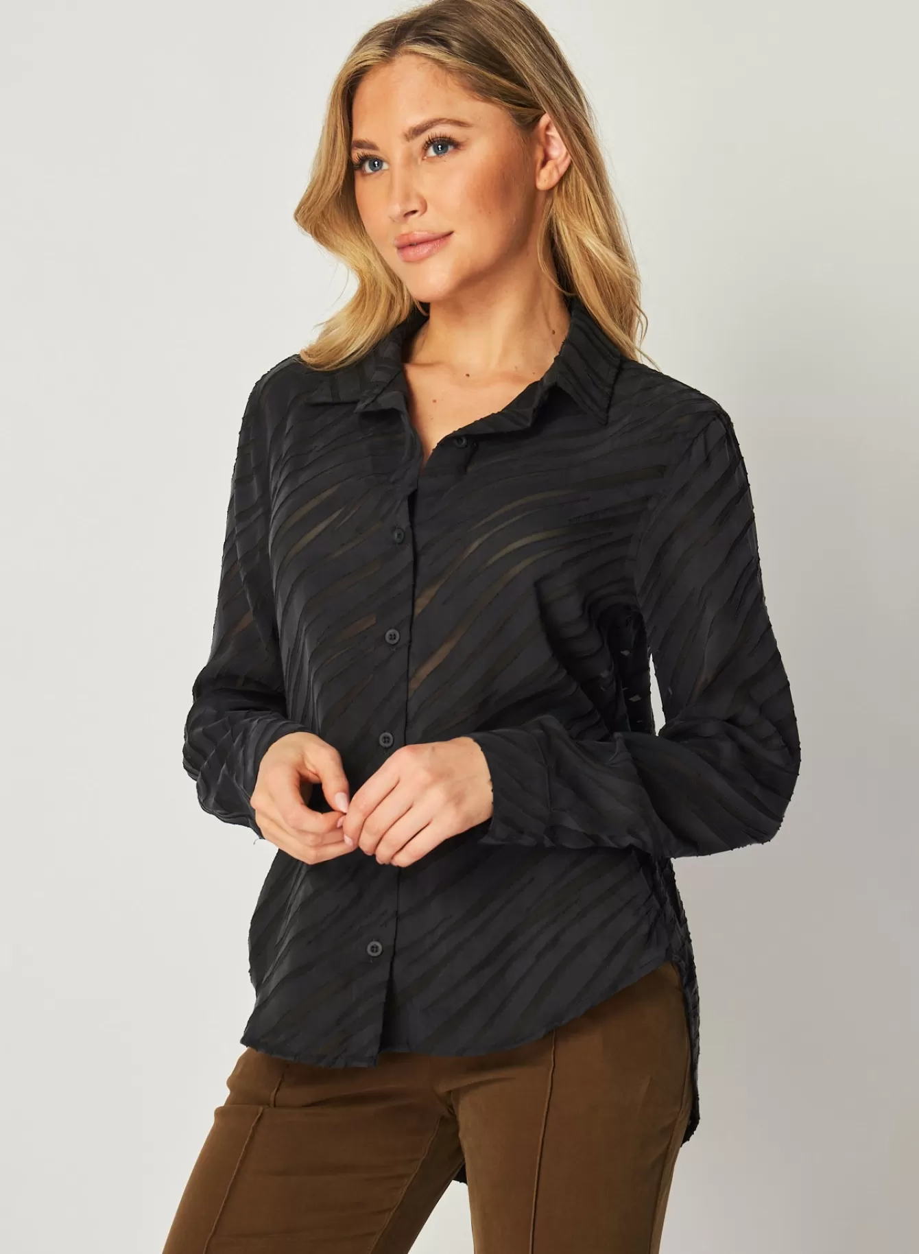 Bella Dahl Long Sleeve-Burn Out Button Down Shirt - Black Zebra