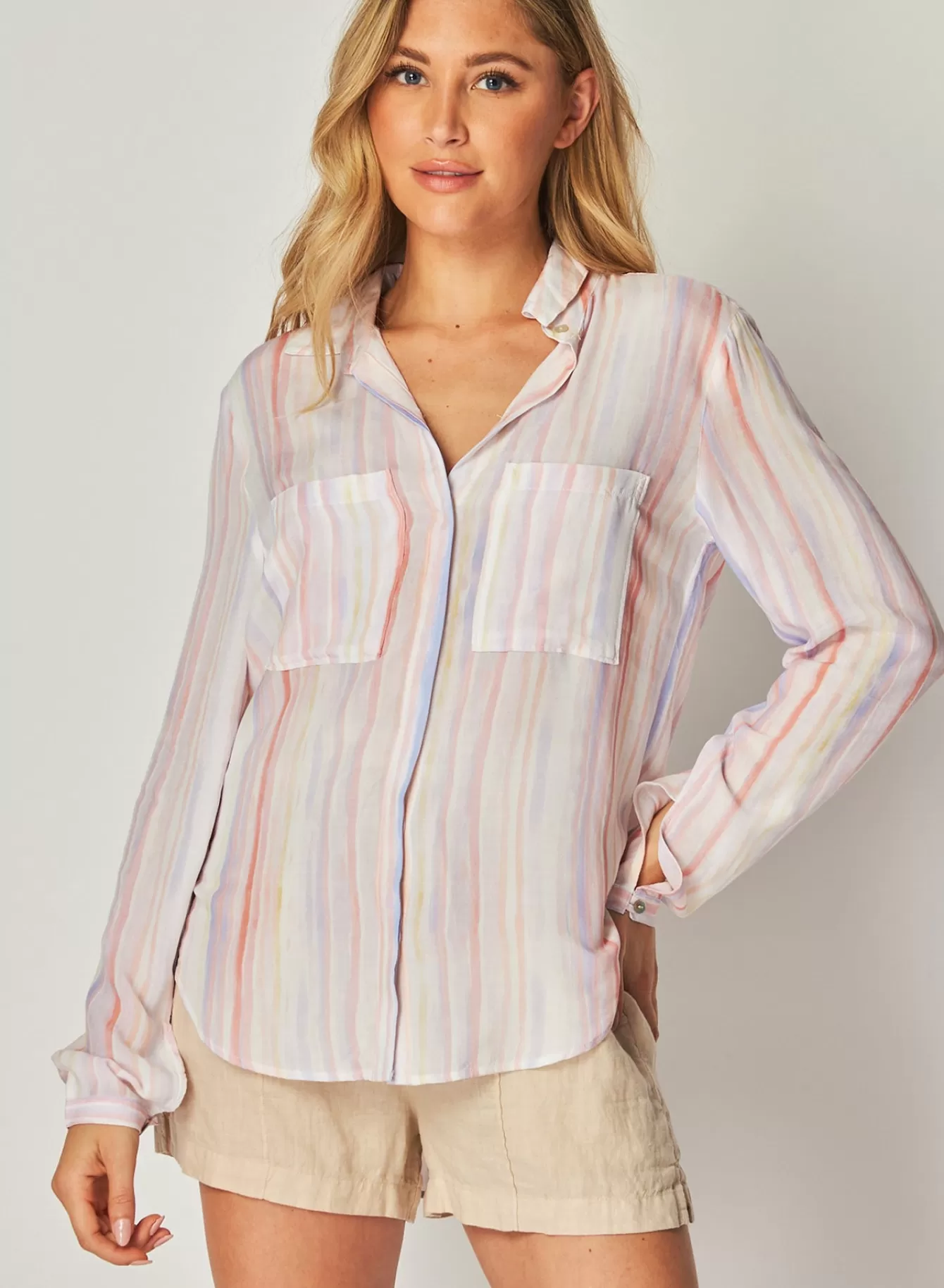 Bella Dahl Long Sleeve-Button Down Hipster - Sunrise Stripe Print