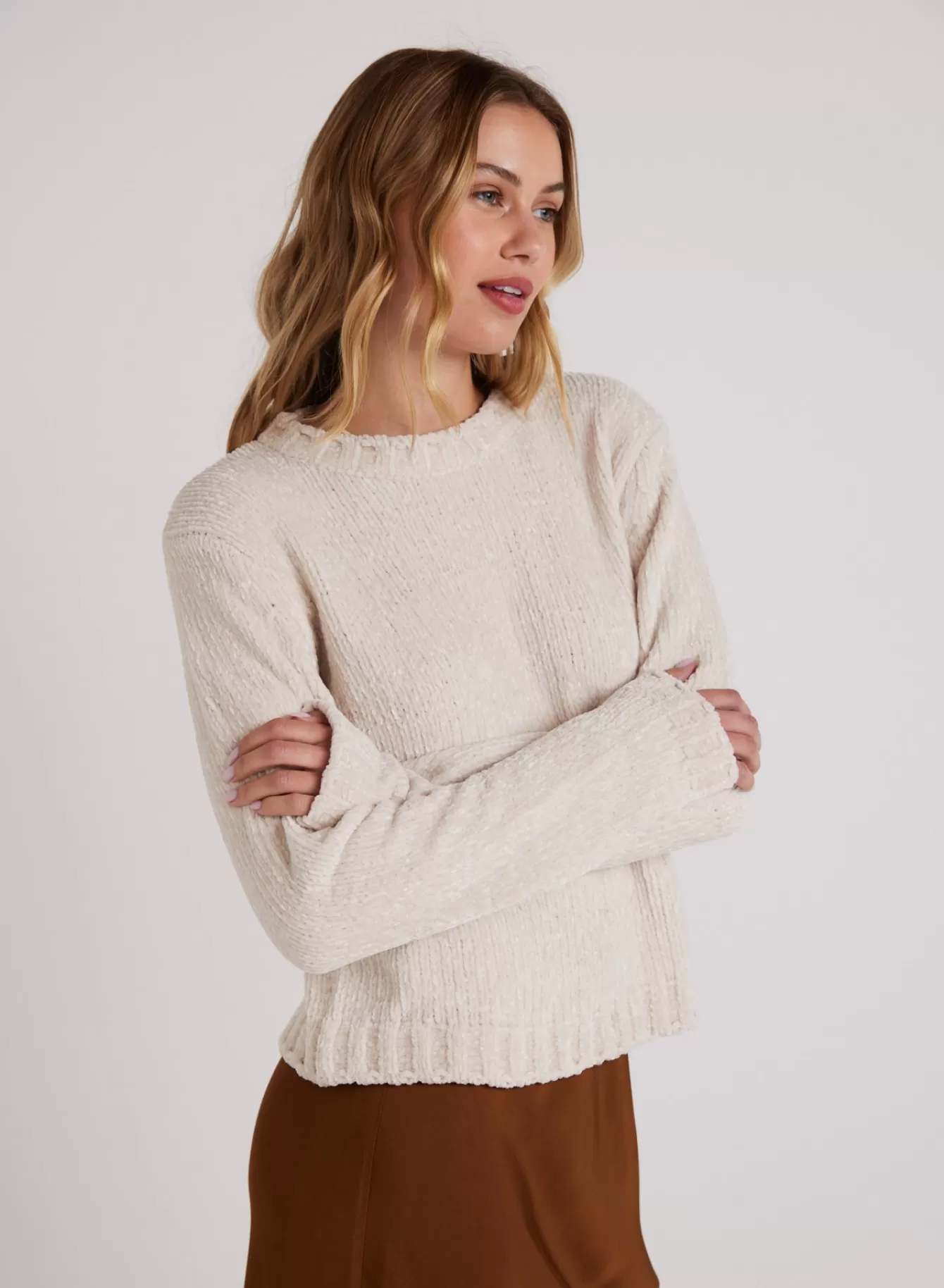 Bella Dahl Sweaters-Crew Neck Chenille Sweater- Opal Ivory