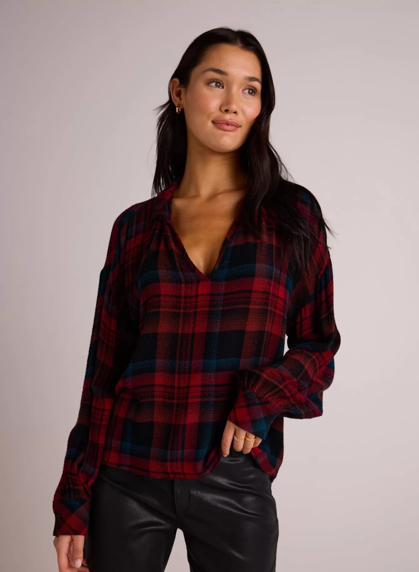 Bella Dahl Long Sleeve-Drop Shoulder Pullover - Winter Berry Plaid