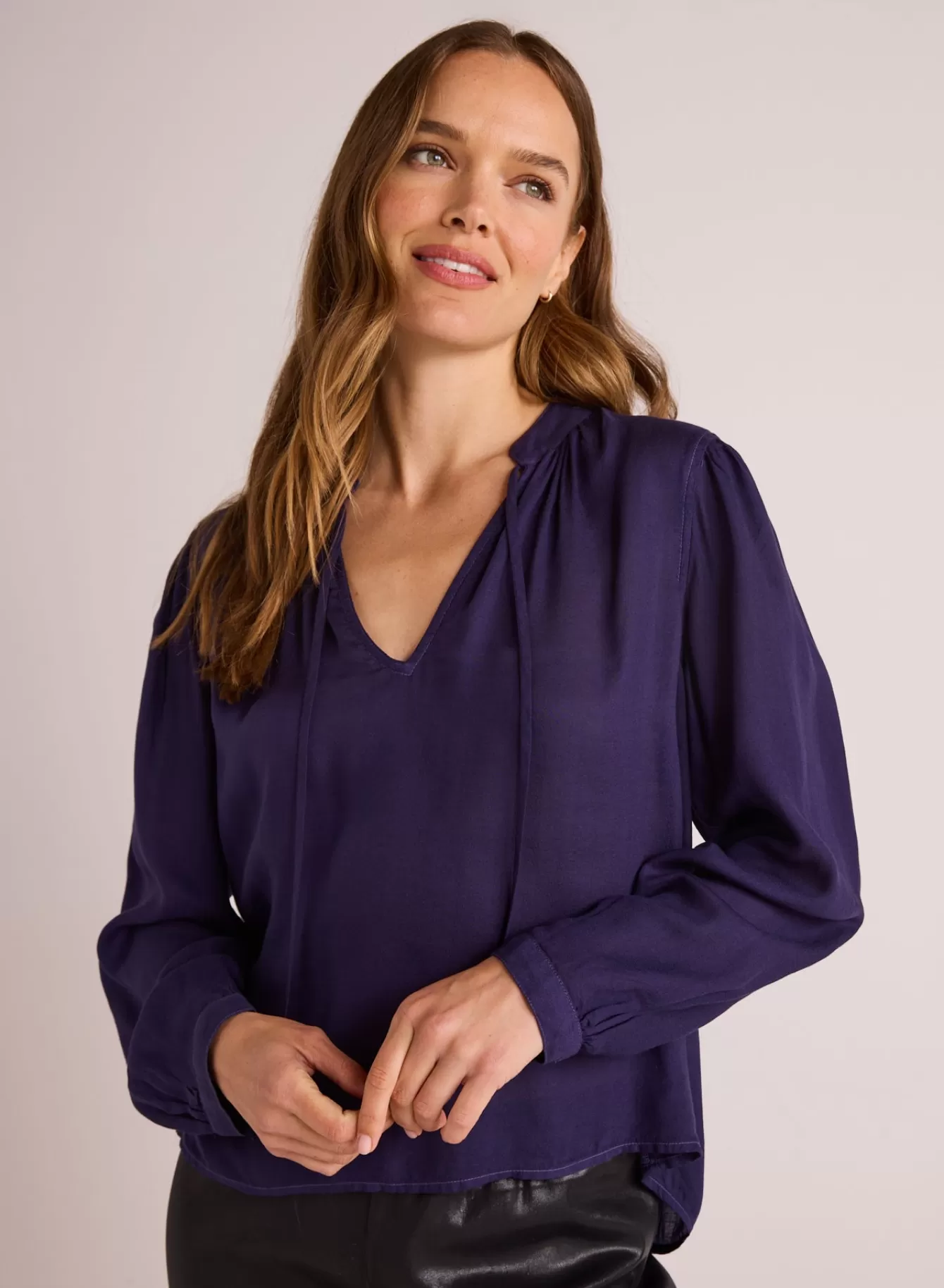 Bella Dahl Long Sleeve-Flowy Tie Neck Pullover - Dark Sapphire