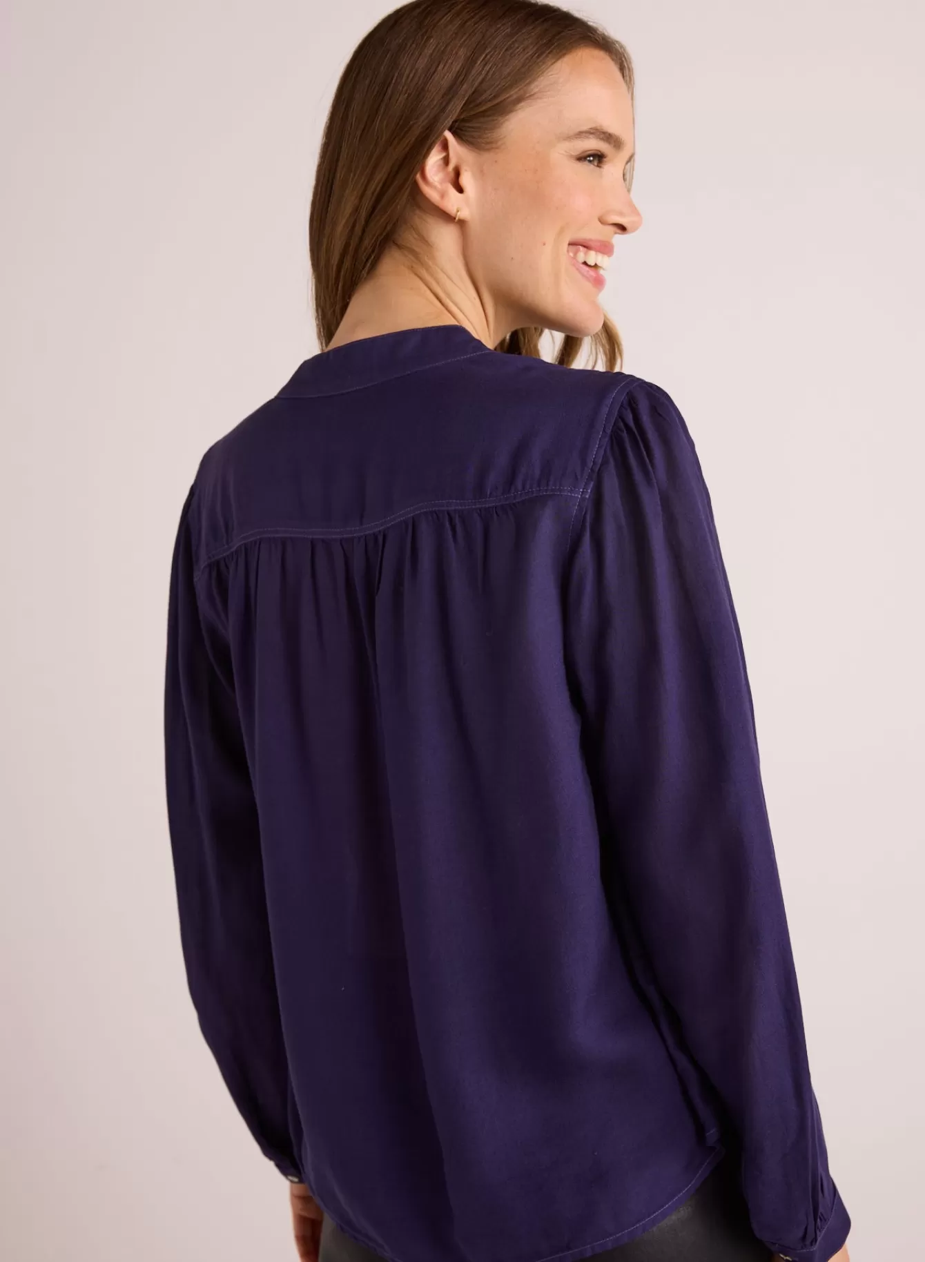 Bella Dahl Long Sleeve-Flowy Tie Neck Pullover - Dark Sapphire