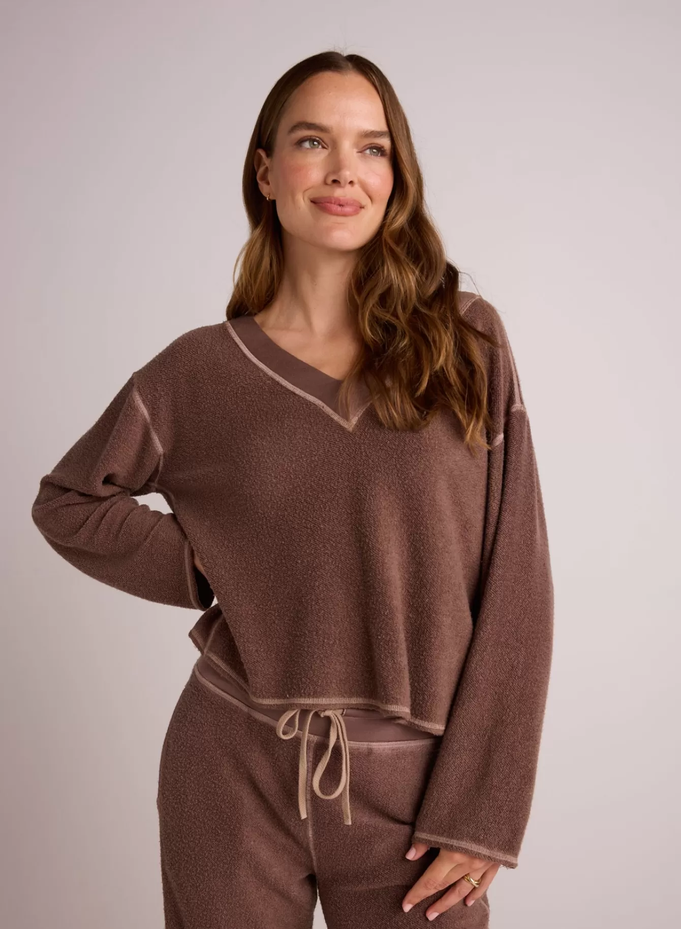 Bella Dahl Long Sleeve-French Terry Bell Sleeve V-Neck Pullover - Mocha Mist