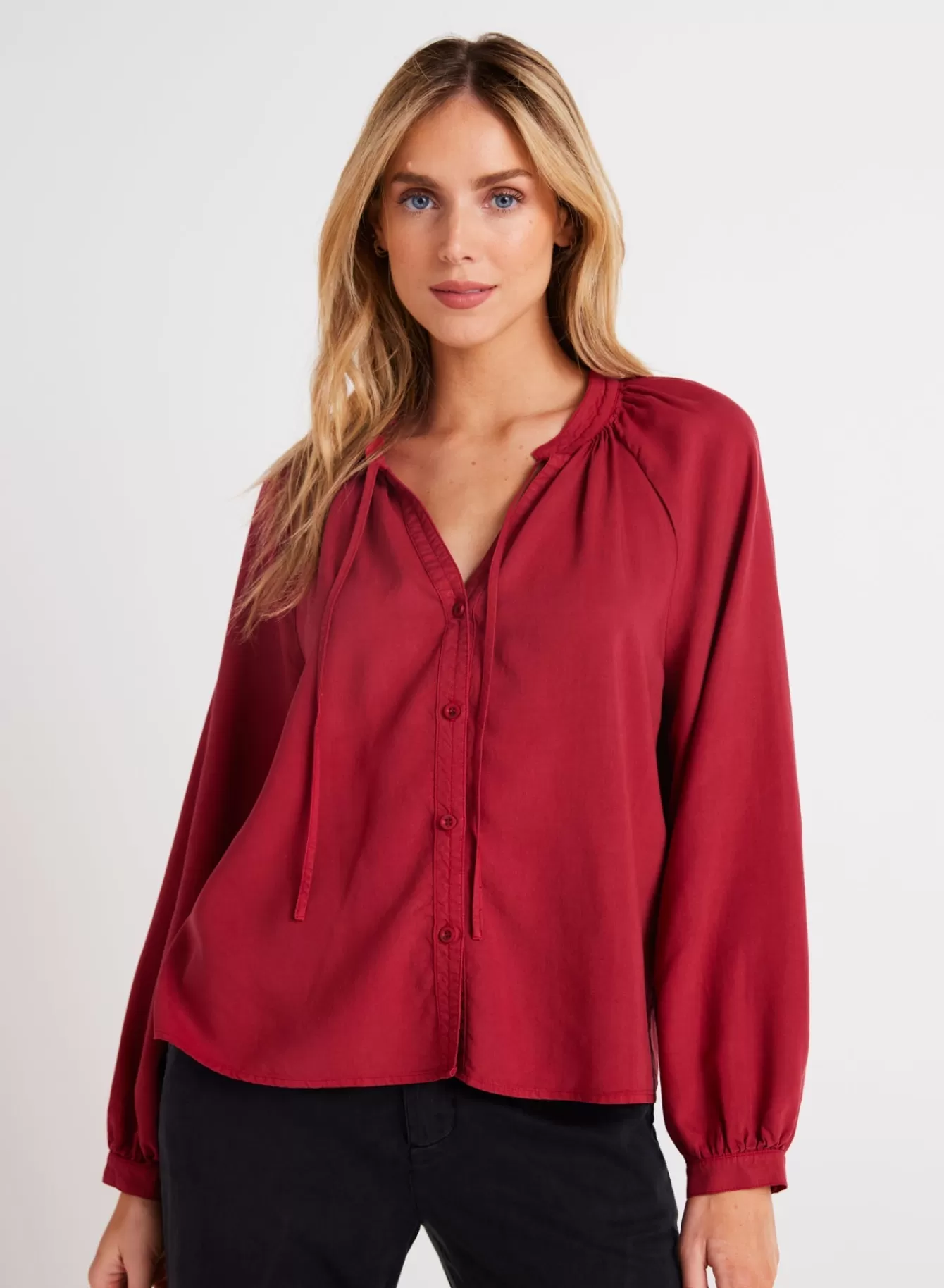 Bella Dahl Seasonal Essentials-Full Sleeve Raglan Button Down - Ruby Red