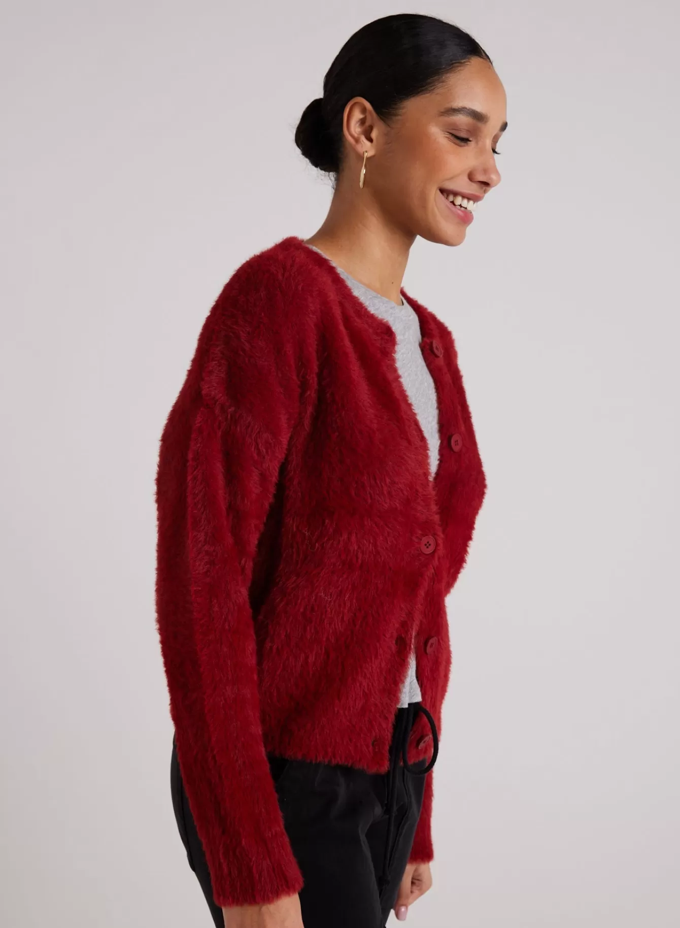 Bella Dahl Seasonal Essentials-Fuzzy Crew Neck Cardigan - Ruby Red