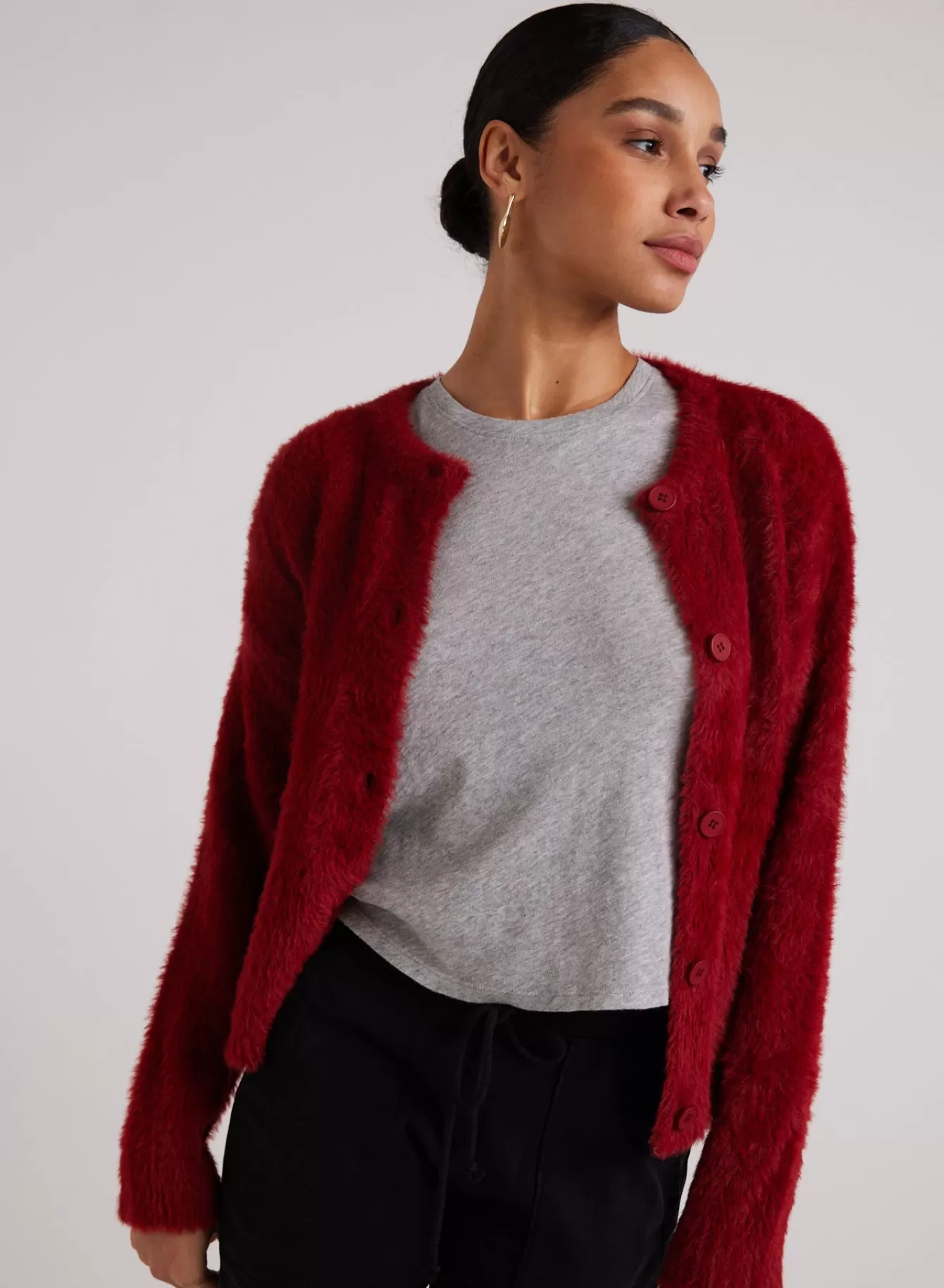 Bella Dahl Sweaters-Fuzzy Crew Neck Cardigan - Ruby Red