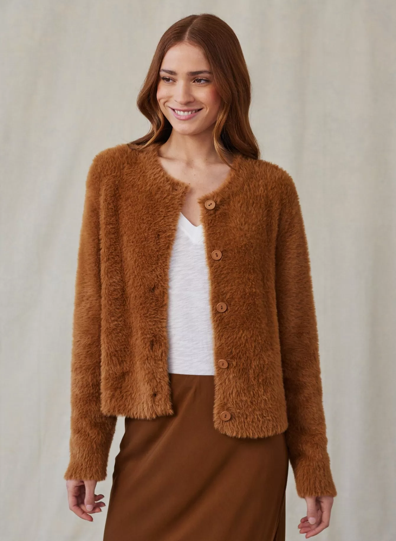 Bella Dahl Sweaters-Fuzzy Crew Neck Cardigan- Twilight Gold