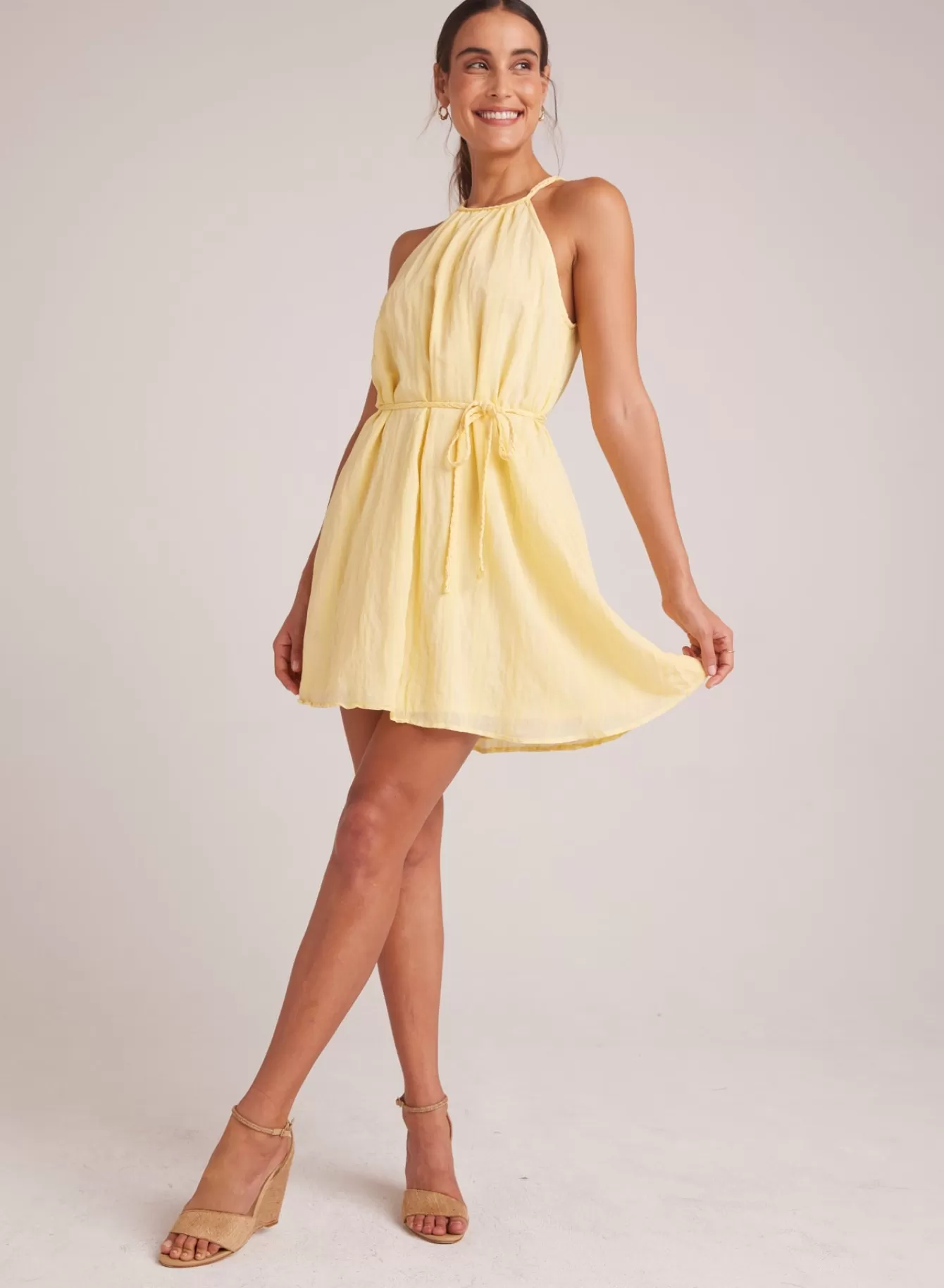 Bella Dahl Short Dresses-Gathered Halter Dress with  Braided Belt - Citron Yellow