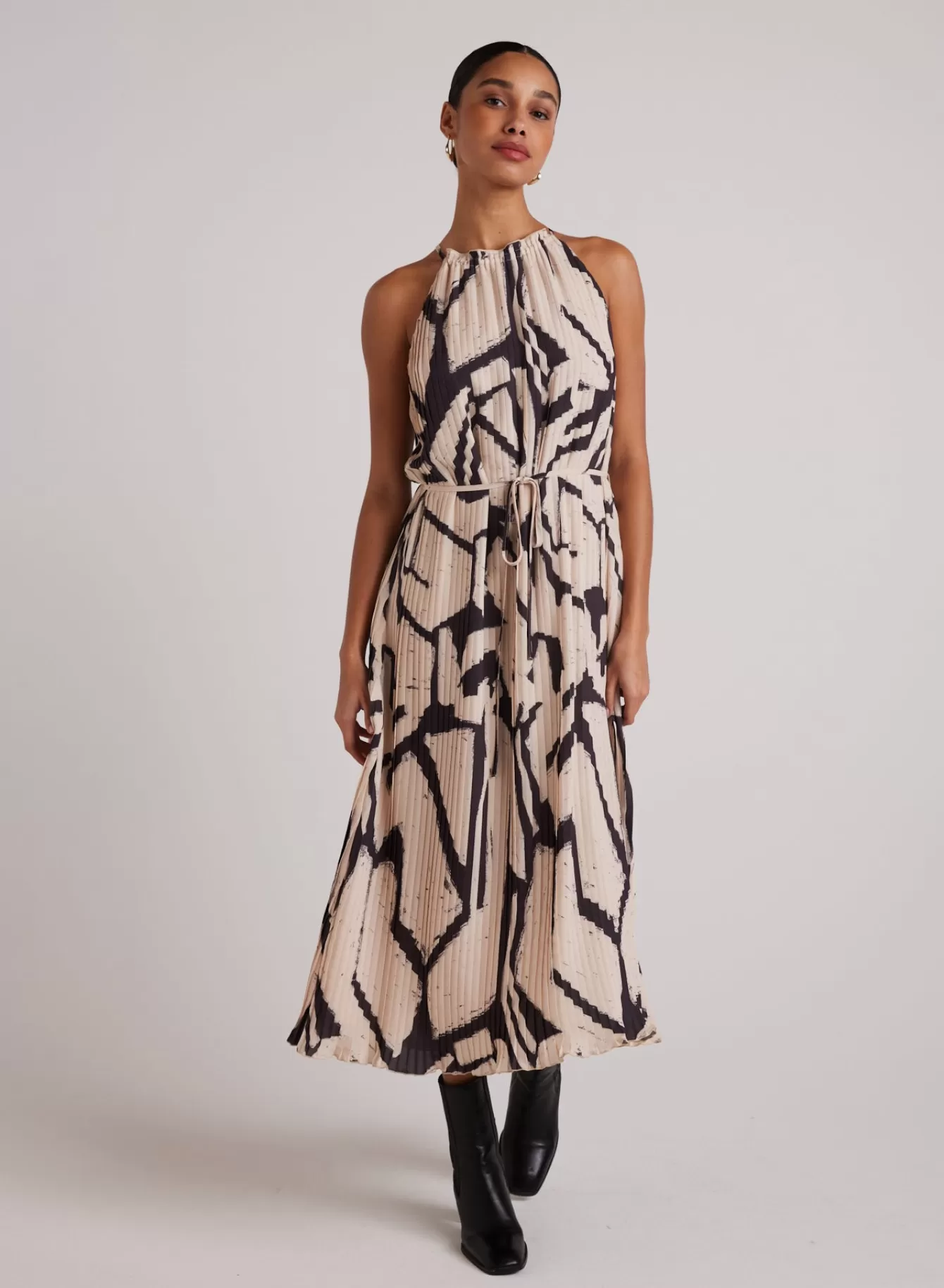 Bella Dahl Long Dresses-Knife Pleat Halter Maxi Dress - Ivory Mosaic Print