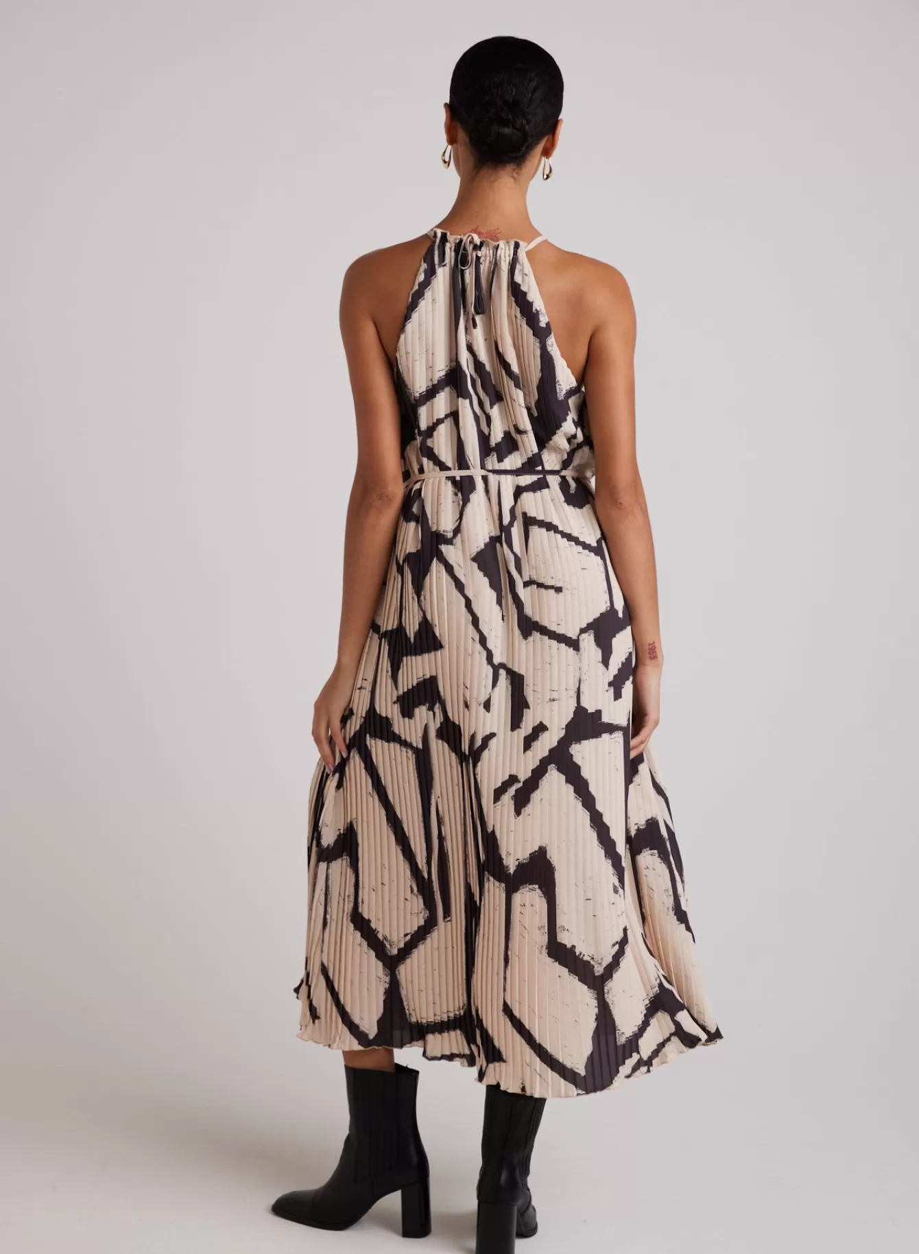 Bella Dahl Long Dresses-Knife Pleat Halter Maxi Dress - Ivory Mosaic Print