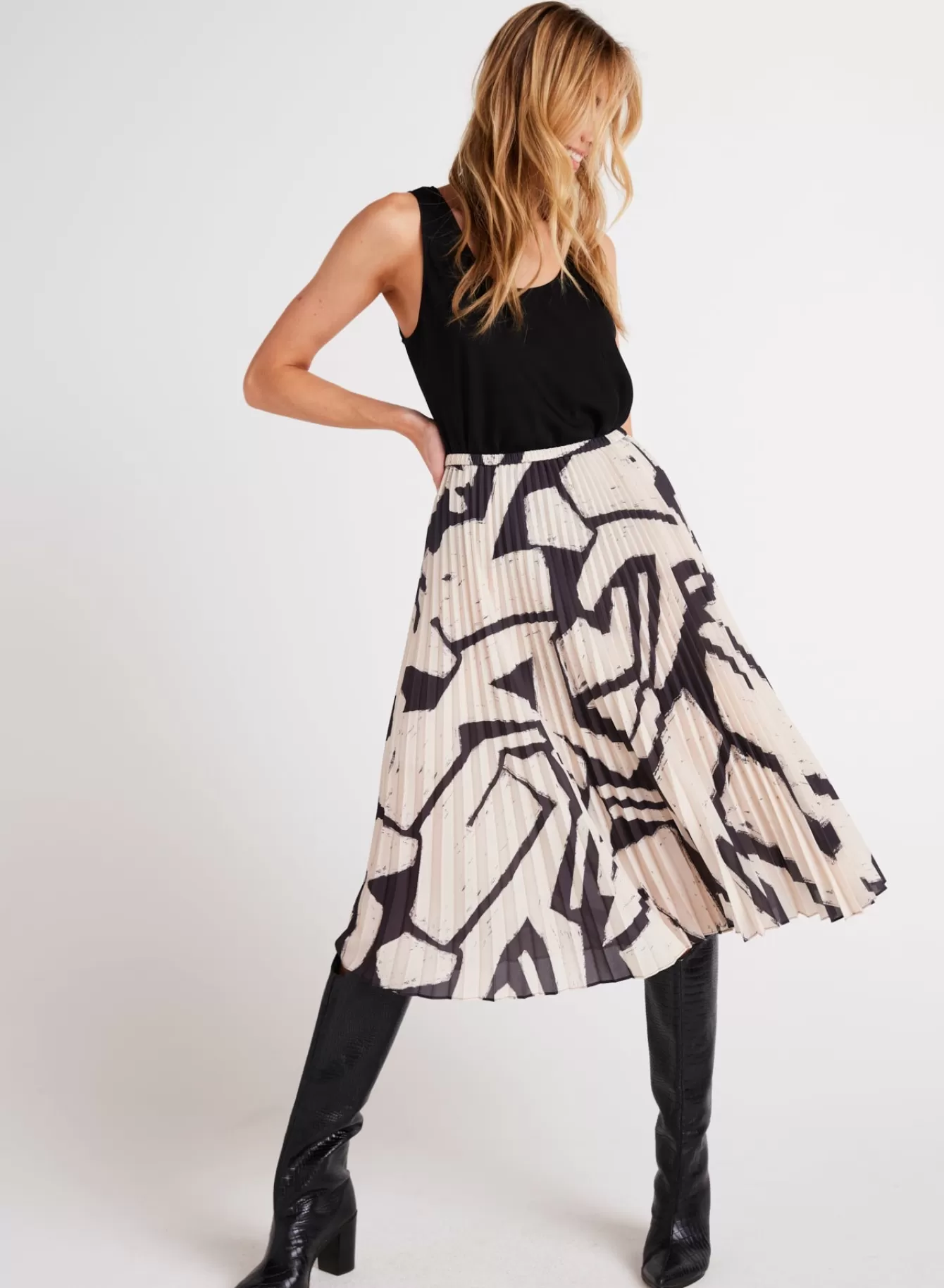 Bella Dahl Skirts-Knife Pleat Midi Skirt - Ivory Mosaic Print