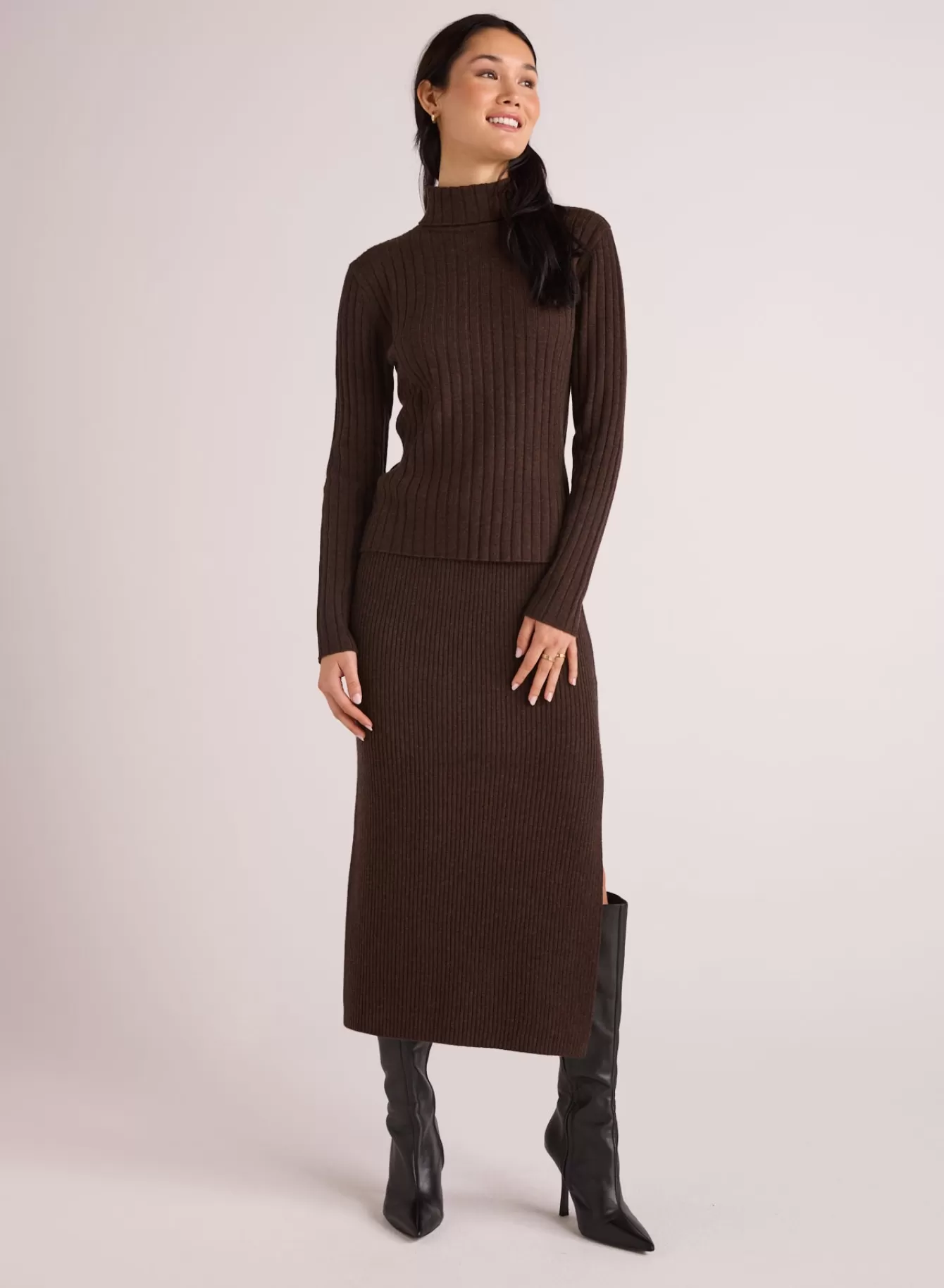 Bella Dahl Skirts-Knit Skirt with Side Slit - Heather Brown