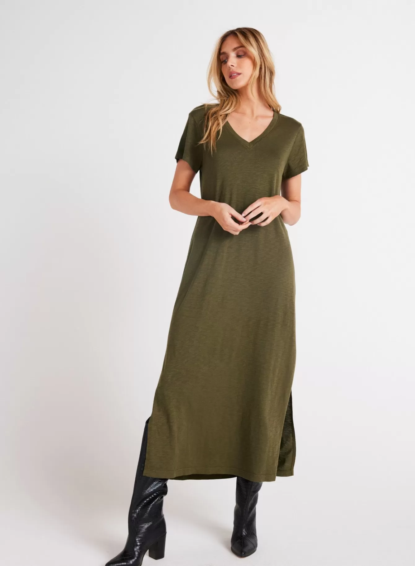 Bella Dahl Essentials Dresses-Knit V-Neck Maxi Dress - Italian Herb