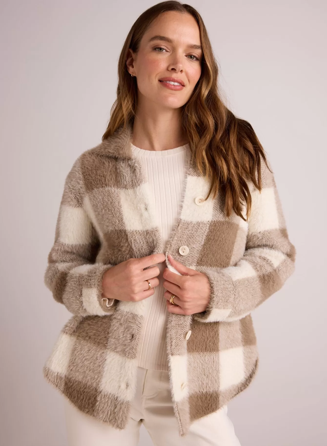 Bella Dahl Outerwear-Knitted Fuzzy Shacket - Ivory & Fawn