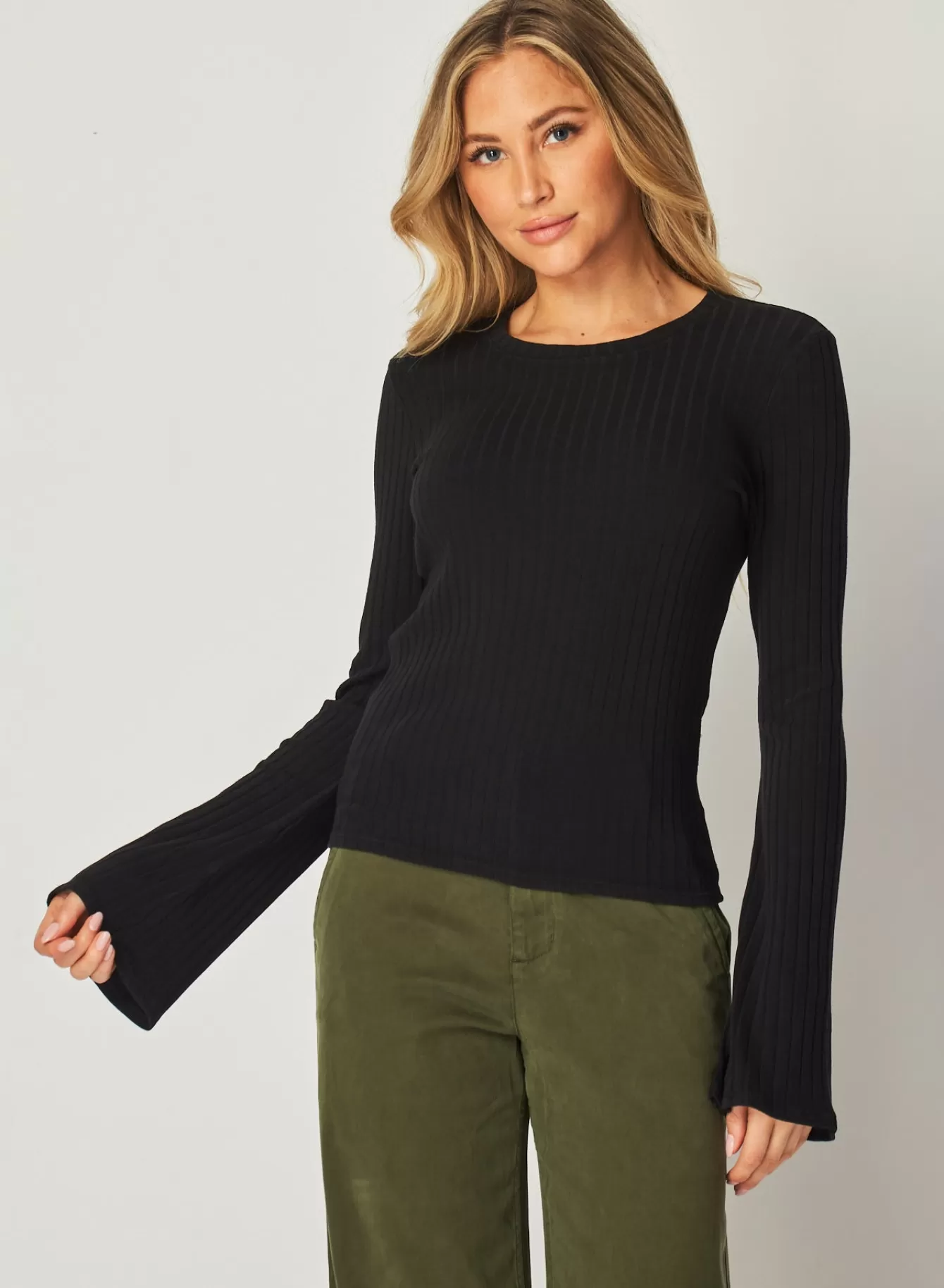 Bella Dahl Long Sleeve-Long Bell Sleeve Rib Crew Tee -