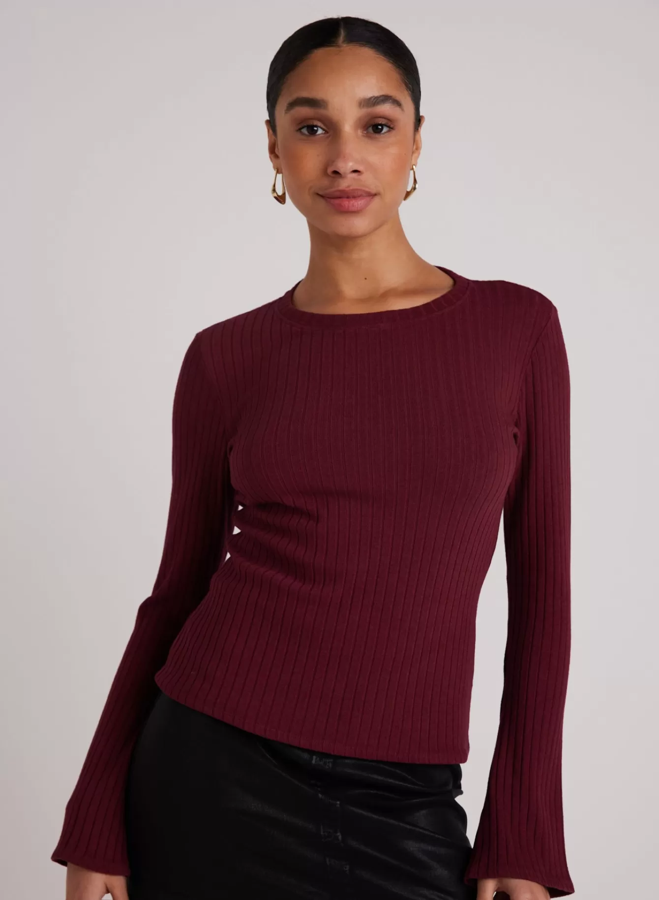 Bella Dahl Long Sleeve-Long Bell Sleeve Rib Crew Tee - Sweet Merlot