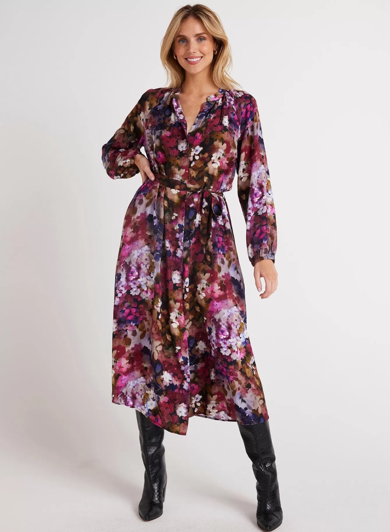 Bella Dahl Long Dresses-Long Sleeve Raglan Midi Dress - Twilight Fleur Print