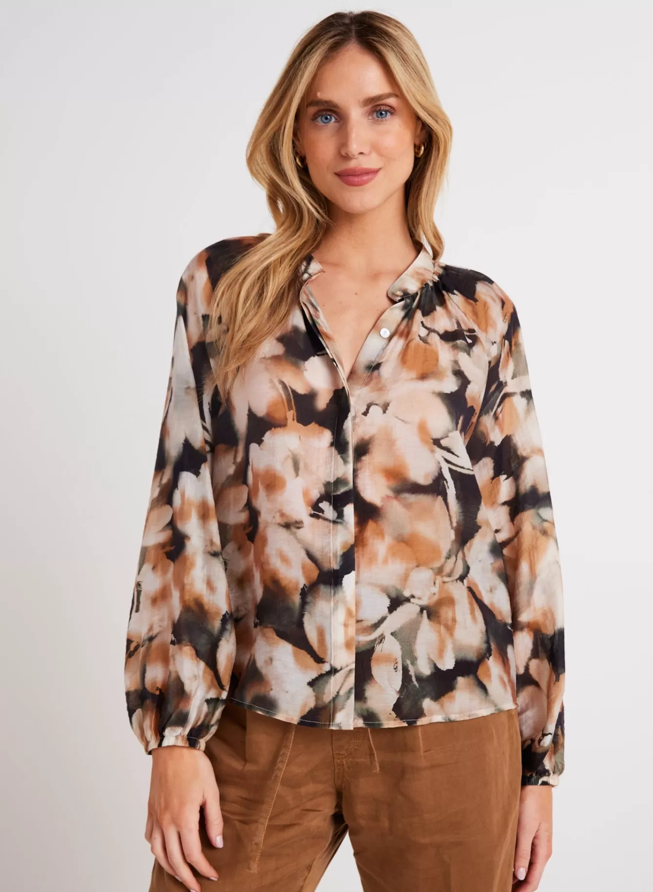 Bella Dahl Button Down-Long Sleeve Shirred Raglan Shirt - Harvest Floral Print