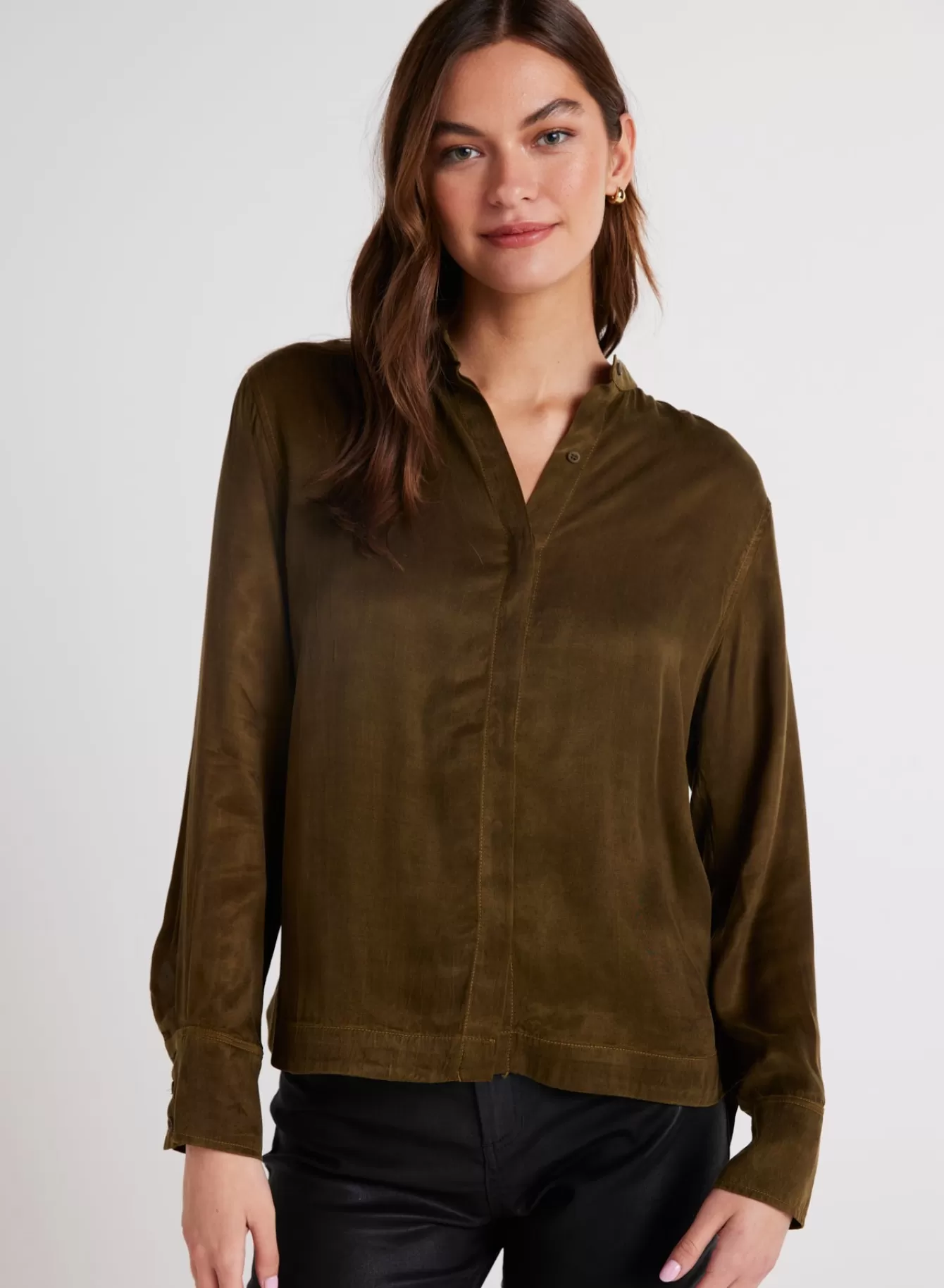 Bella Dahl Long Sleeve-Mandarin Collar Button Down - Autumn Olive