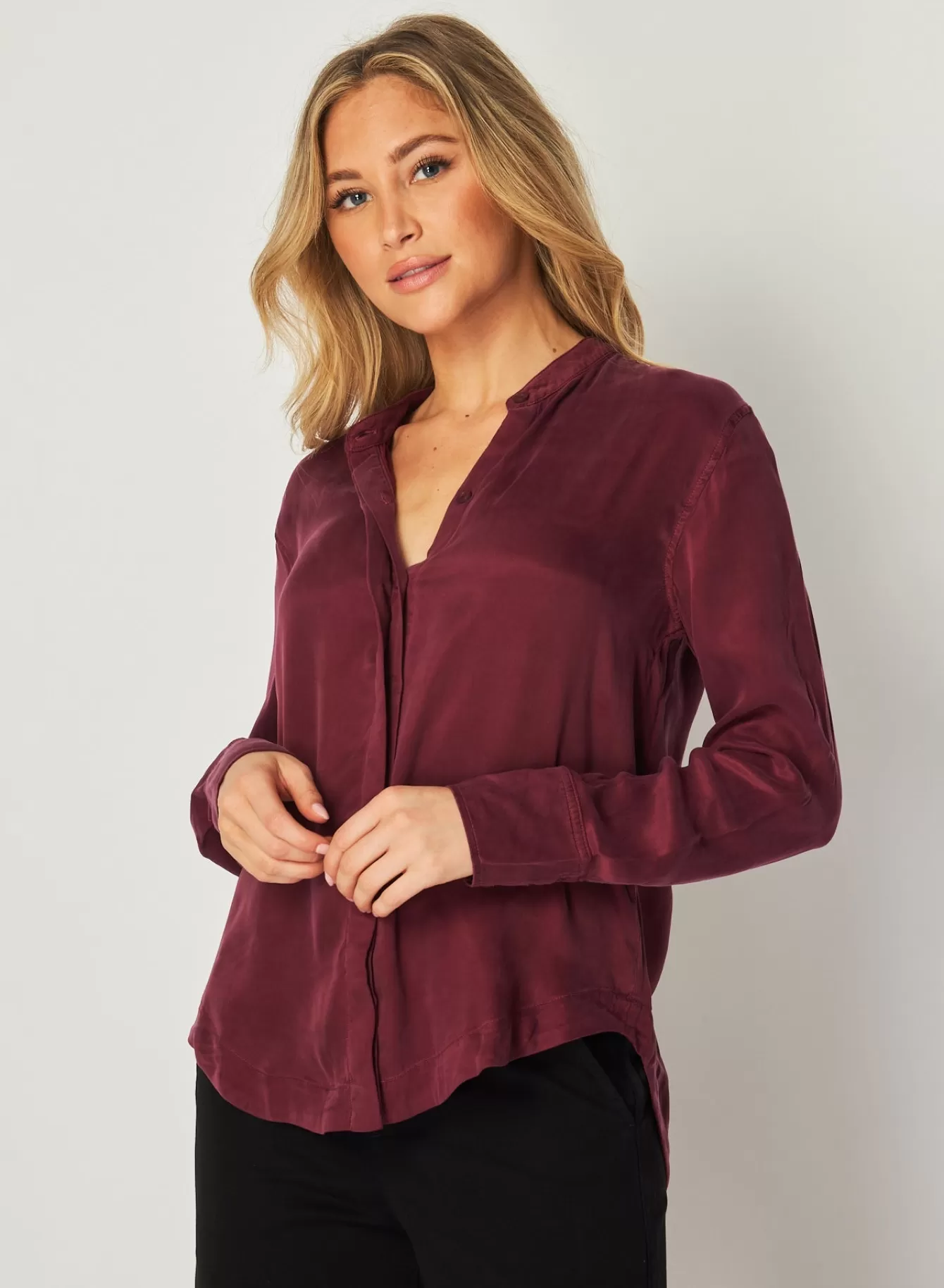 Bella Dahl Long Sleeve-Mandarin Collar Button Down - Deep Plum