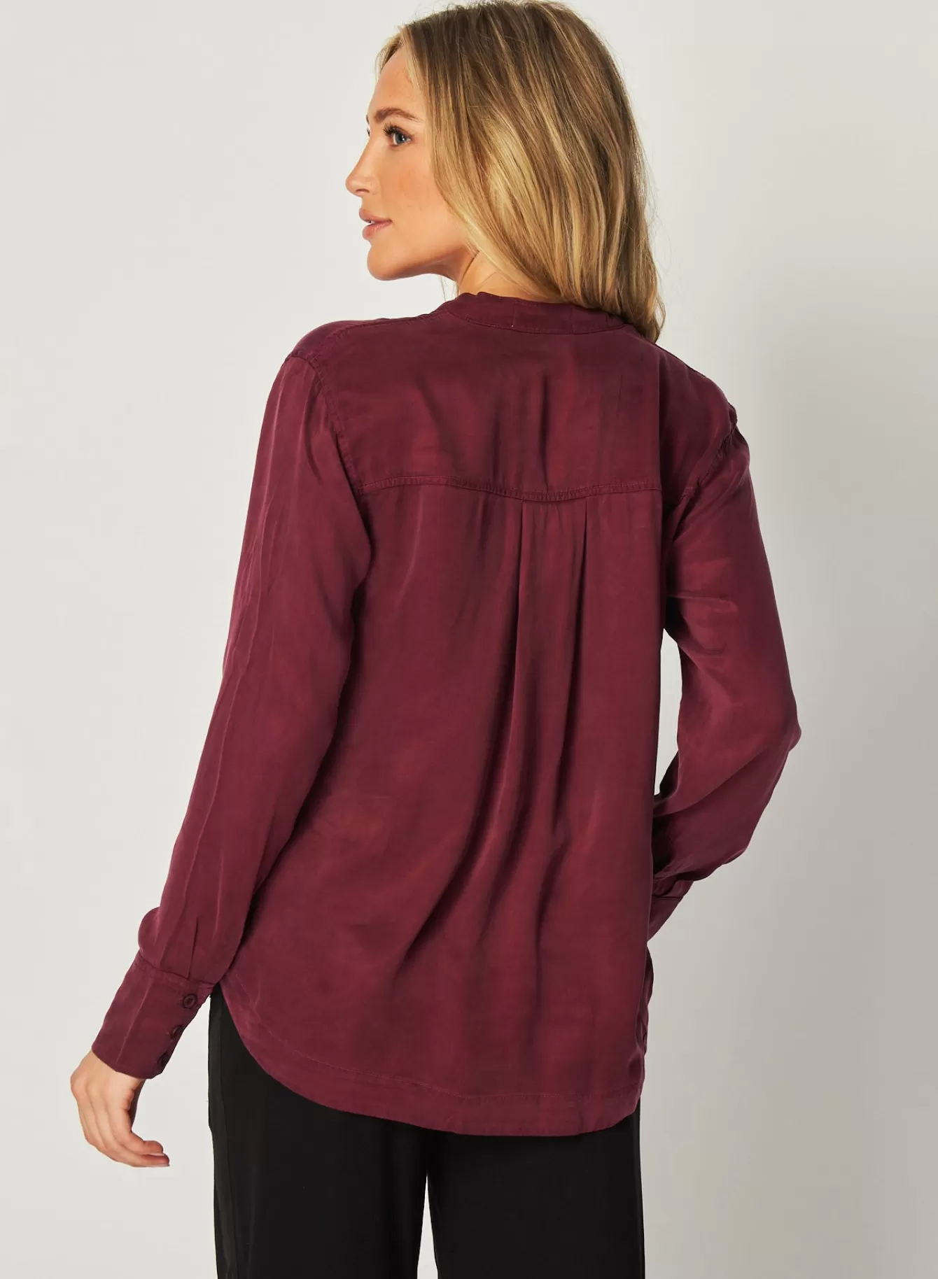 Bella Dahl Long Sleeve-Mandarin Collar Button Down - Deep Plum