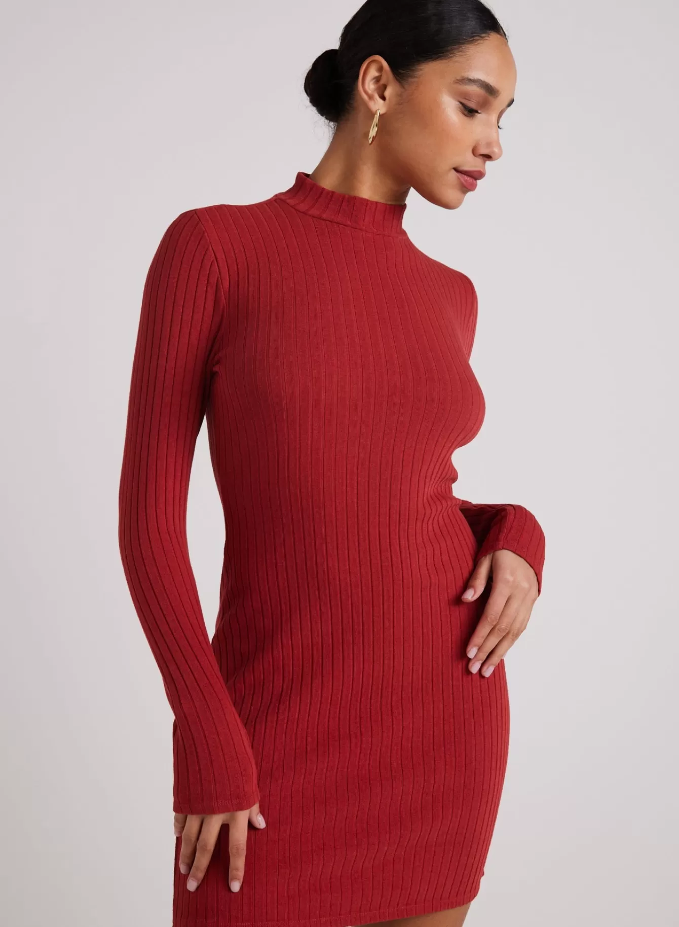 Bella Dahl Short Dresses-Mini Mock Neck Dress - Red Mahogany