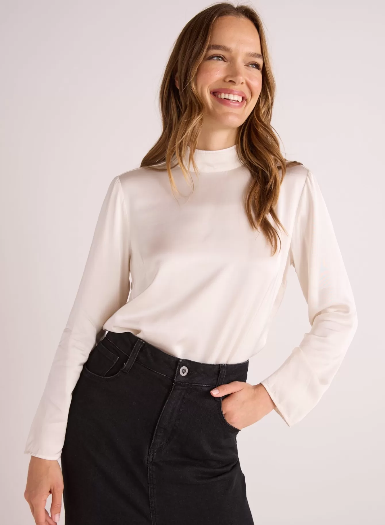 Bella Dahl Long Sleeve-Mock Neck Button Back Top - Winter White