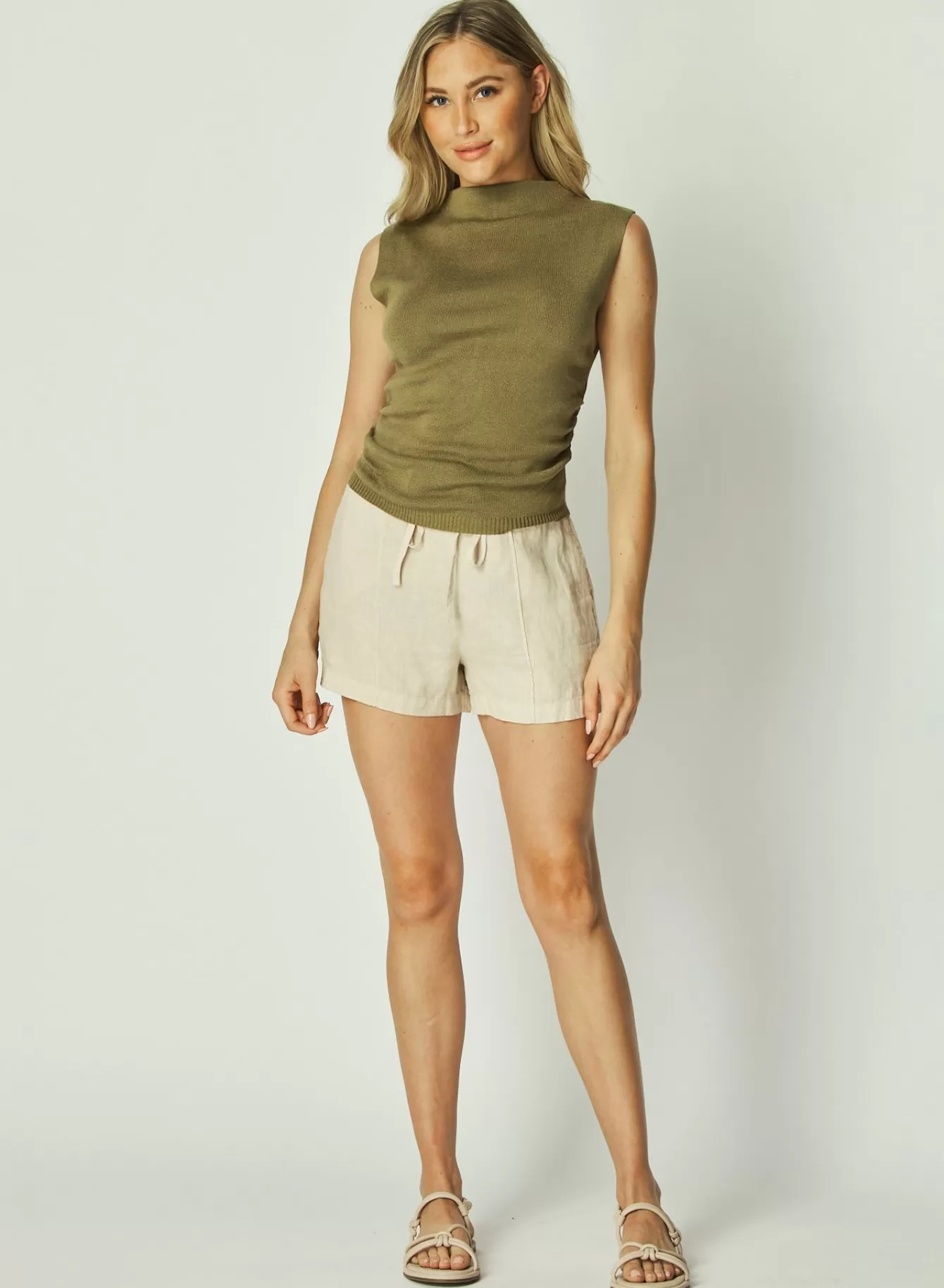 Bella Dahl Sleeveless-Mock Neck Linen Jersey Top - Dried Herb