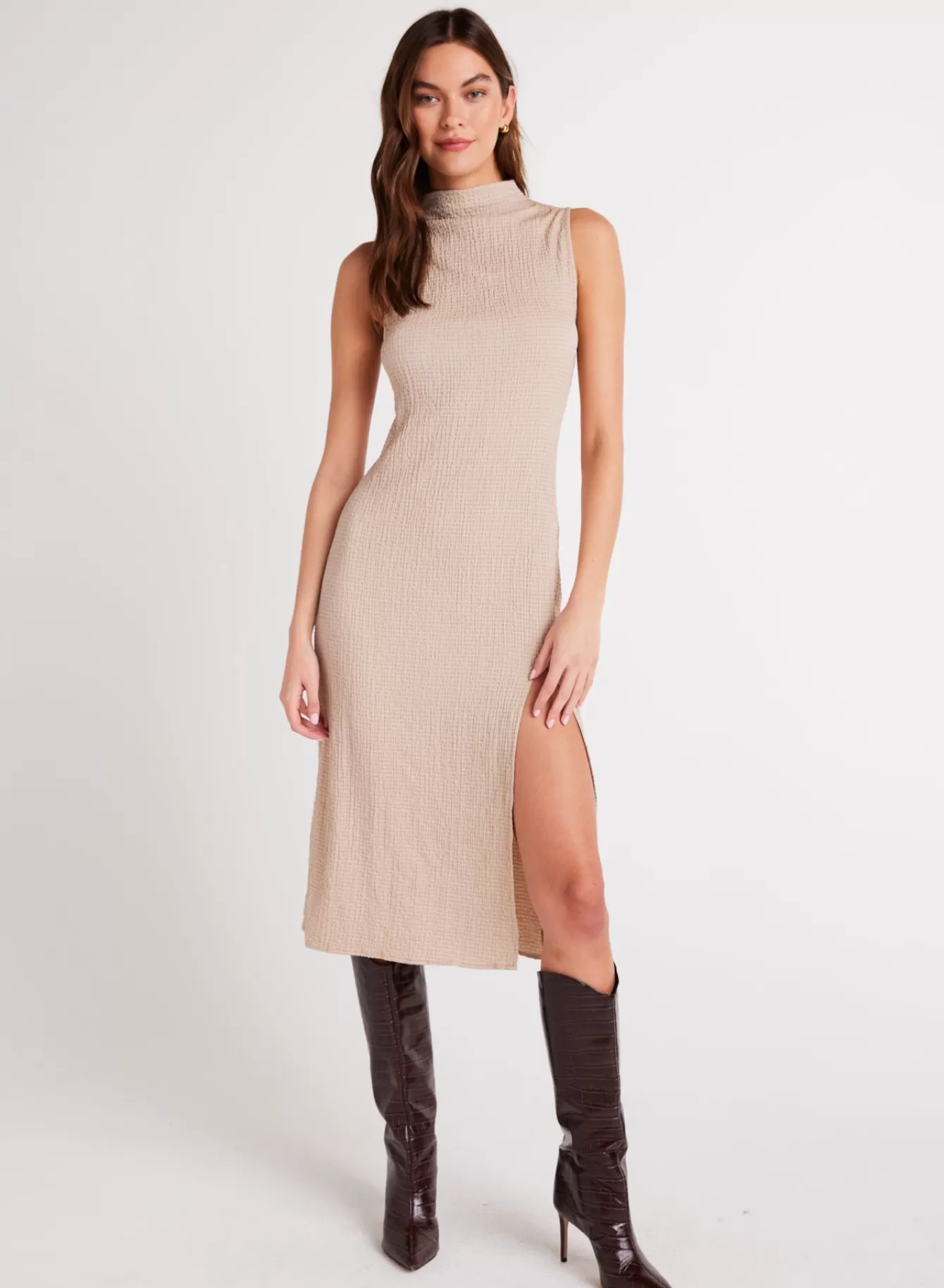 Bella Dahl Long Dresses-Mock Neck Midi Dress - Light Oak