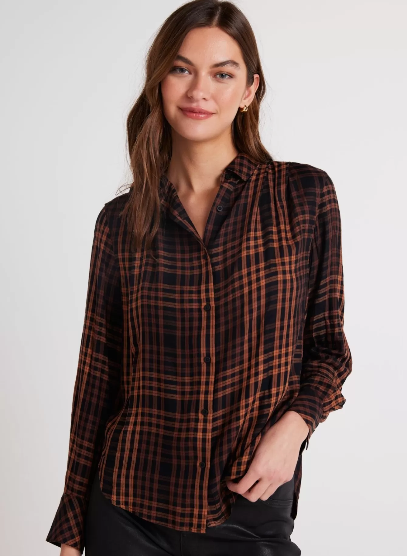 Bella Dahl Long Sleeve-Pleated Button Down Shirt - Autumn Ember Plaid