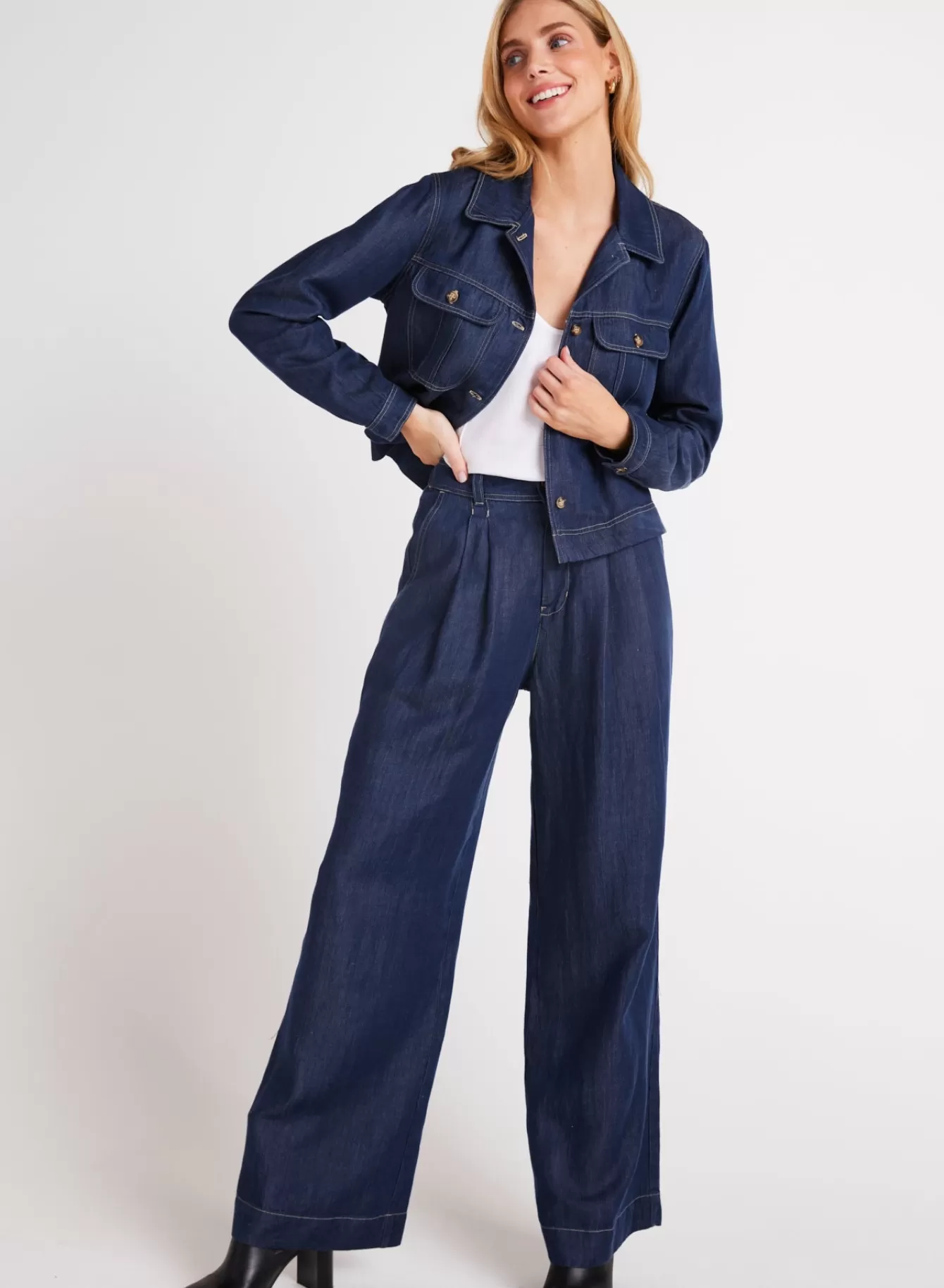 Bella Dahl Pants-Pleated Wide Leg Pant - Dark Denim