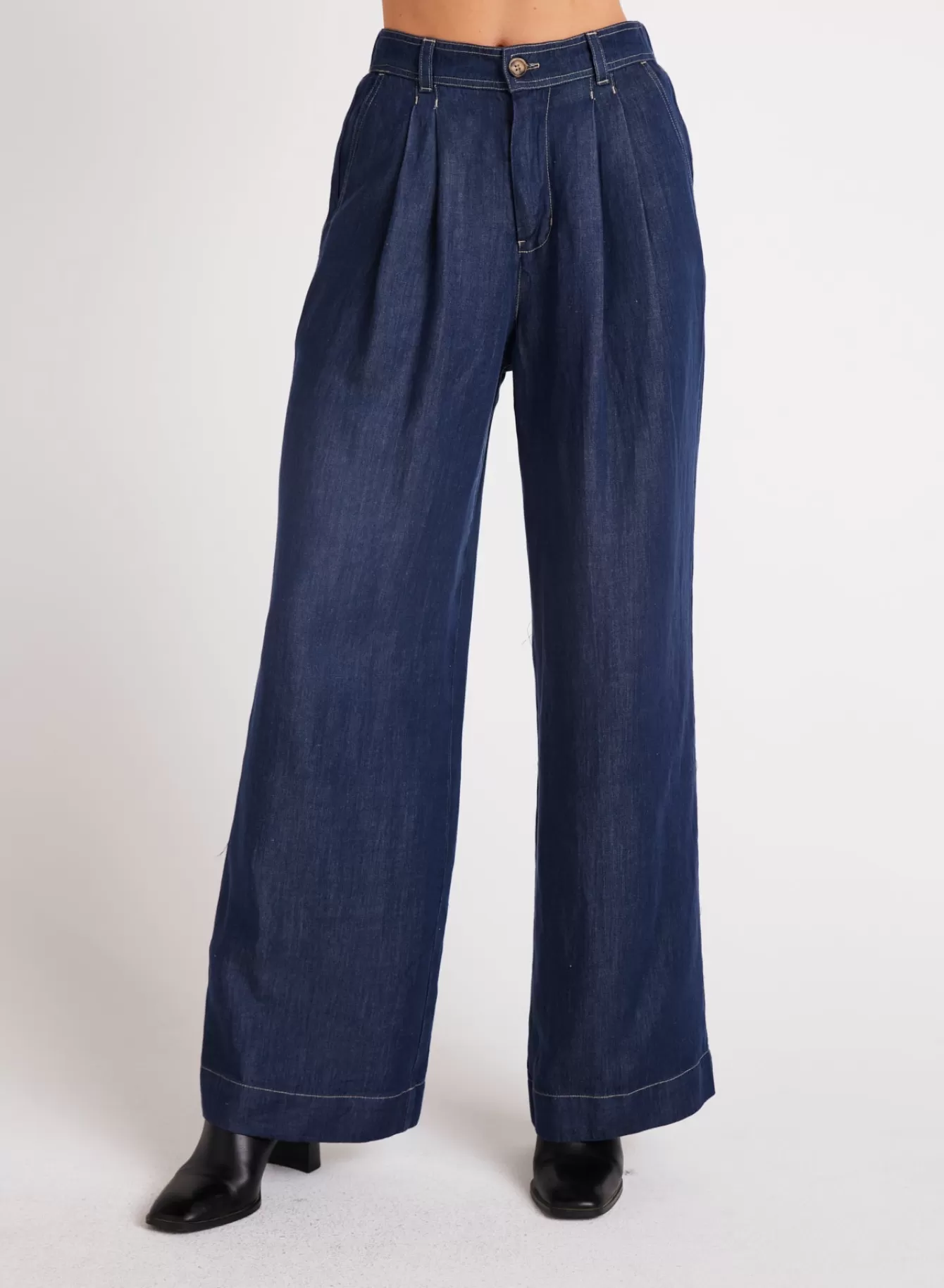 Bella Dahl Pants-Pleated Wide Leg Pant - Dark Denim