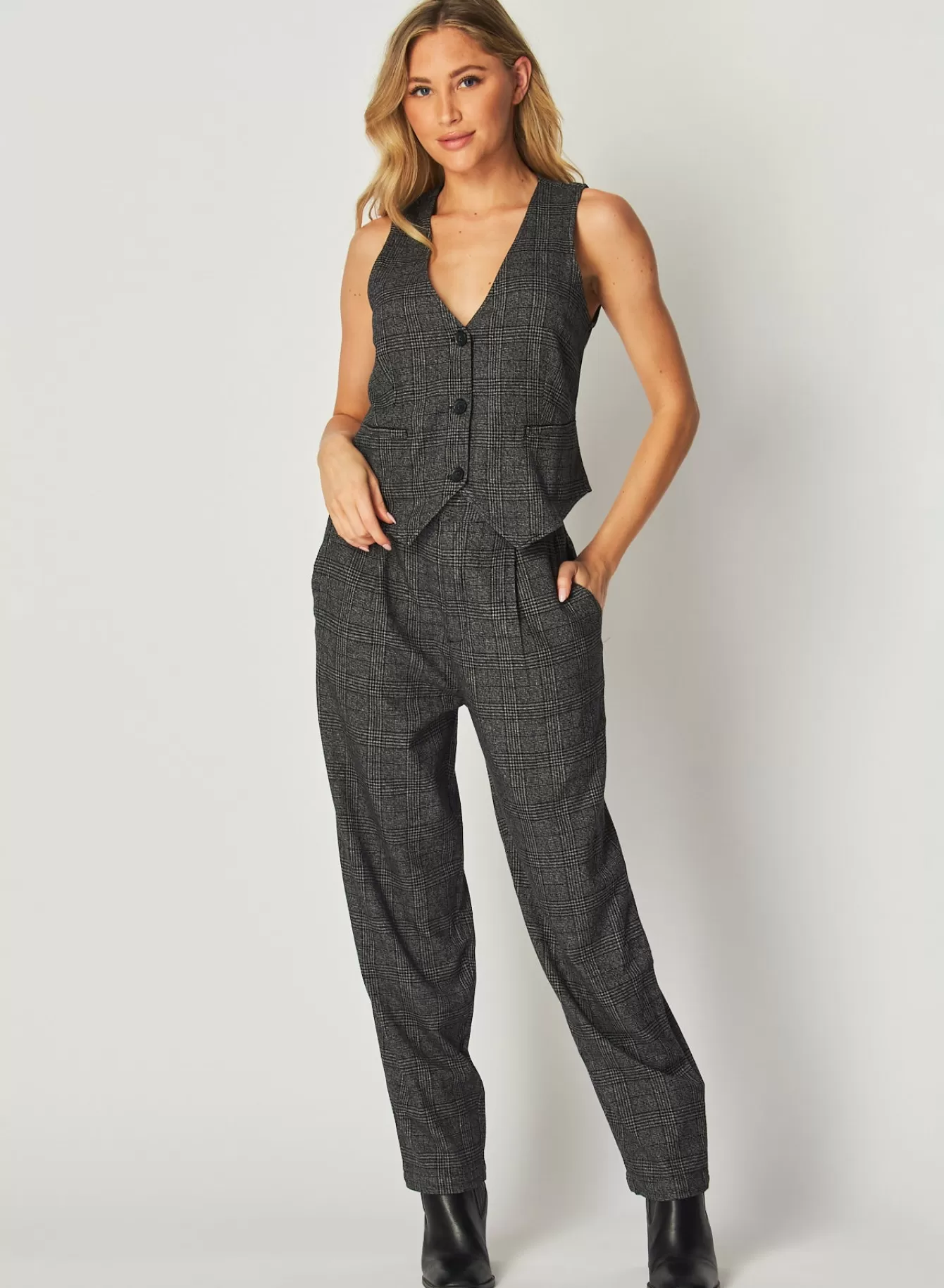 Bella Dahl Pants-Relaxed Pleat Front Trouser - Glencheck Plaid