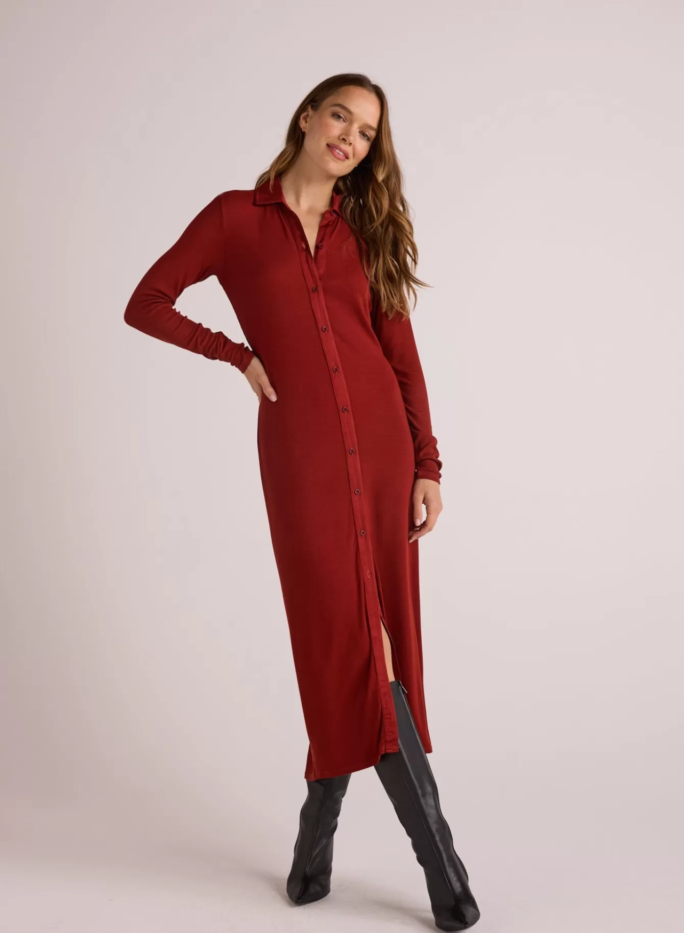 Bella Dahl Long Dresses-Rib Button Down Shirt Dress - Rustic Red