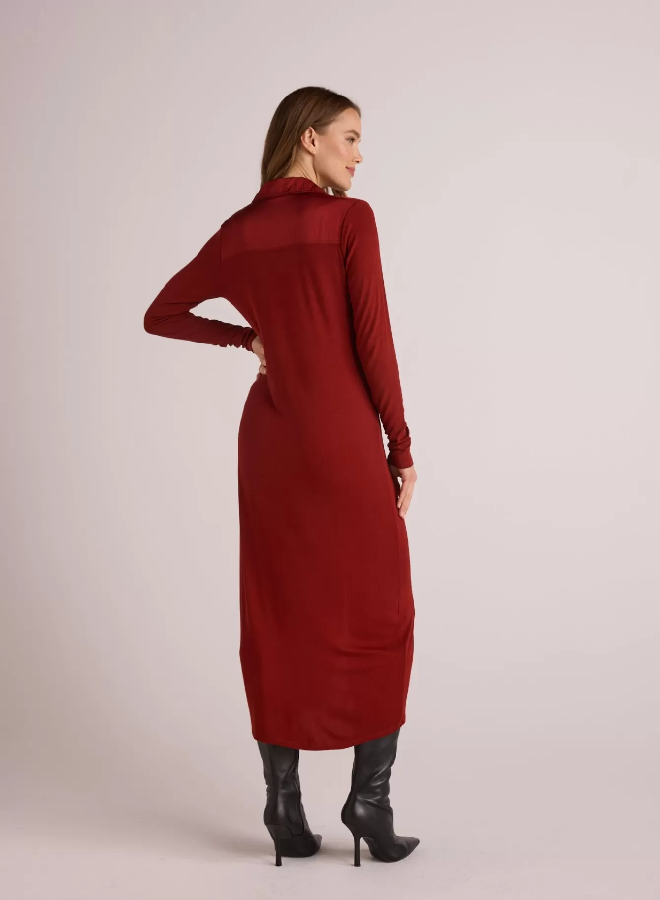 Bella Dahl Long Dresses-Rib Button Down Shirt Dress - Rustic Red