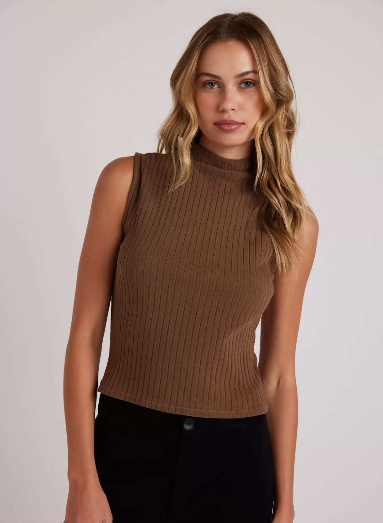 Bella Dahl Sleeveless-Rib Mock Neck Top - Olive Bronze