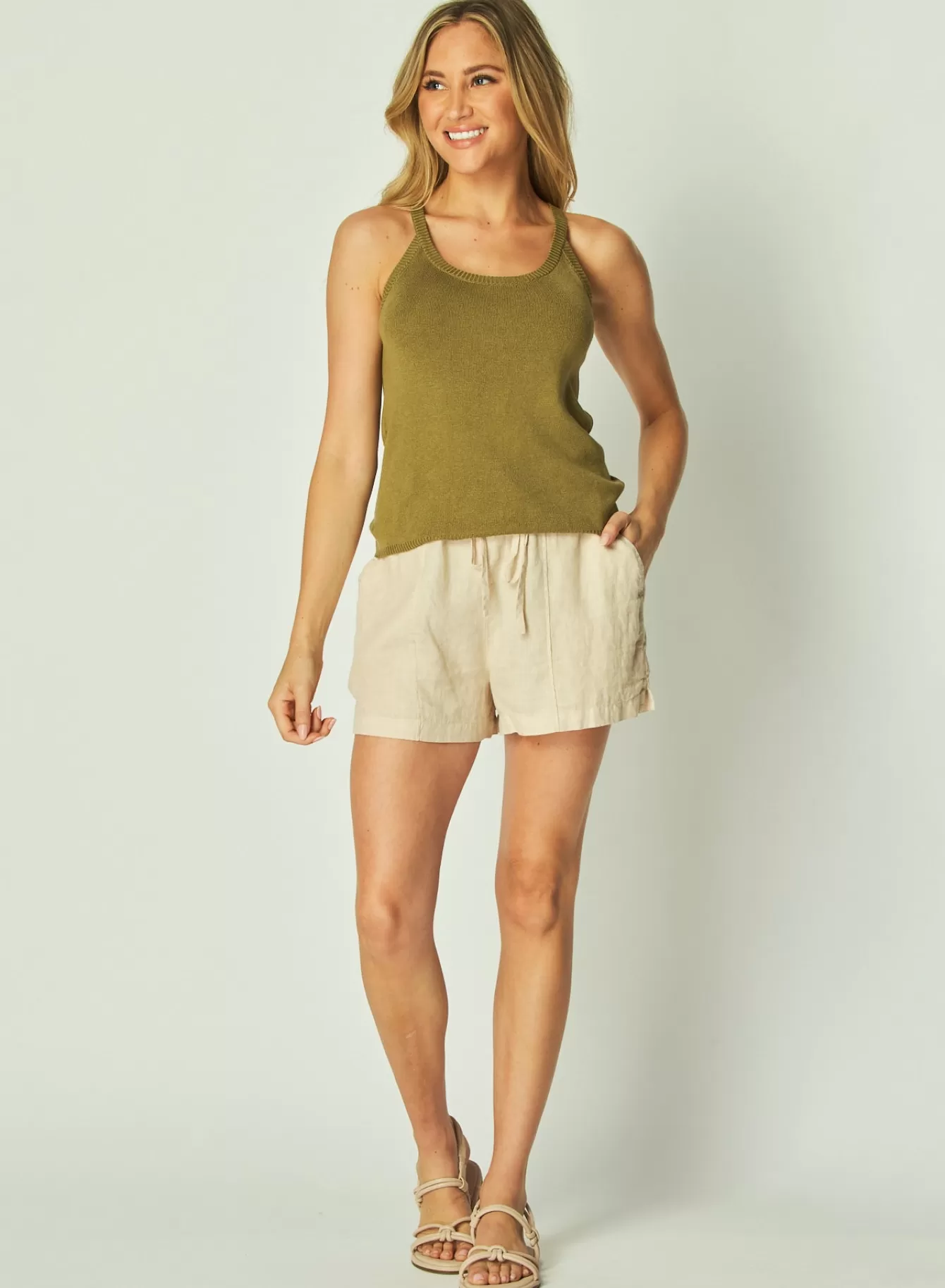 Bella Dahl Sleeveless-Rounded Neck Linen Jersey Tank - Dried Herb