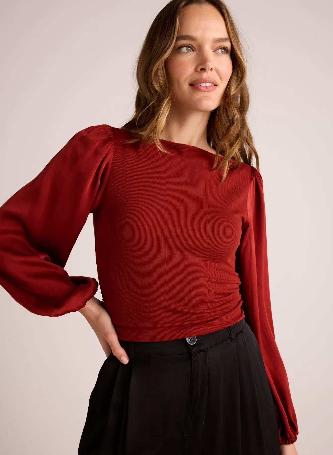 Bella Dahl Long Sleeve-Ruched Waist Flowy Sleeve Top - Rustic Red