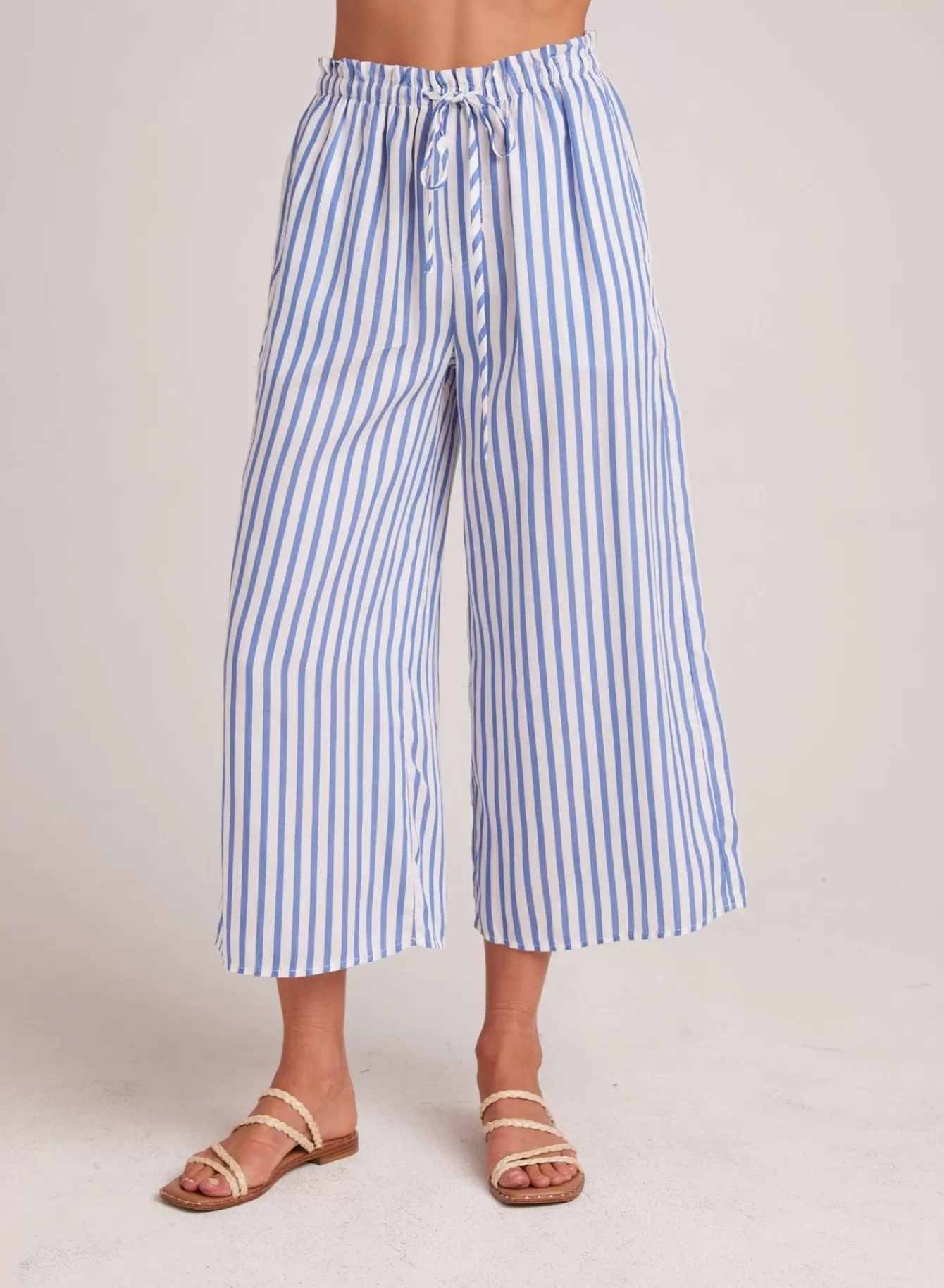 Bella Dahl Pants-Ruffle Waist Wide Leg Crop - Bahia Breeze Stripe