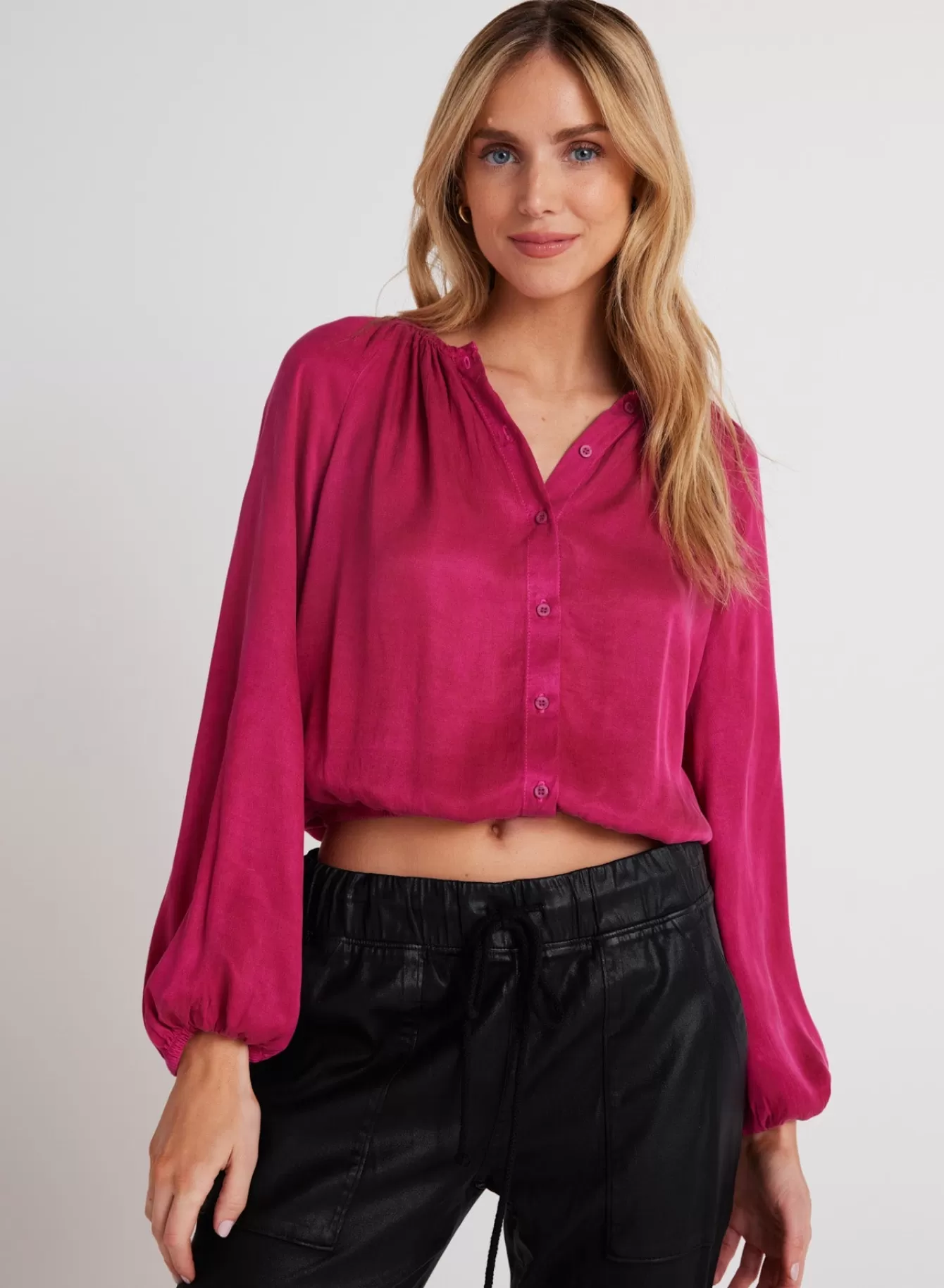 Bella Dahl Long Sleeve-Shirred Button Front Blouse - Fuchsia Berry