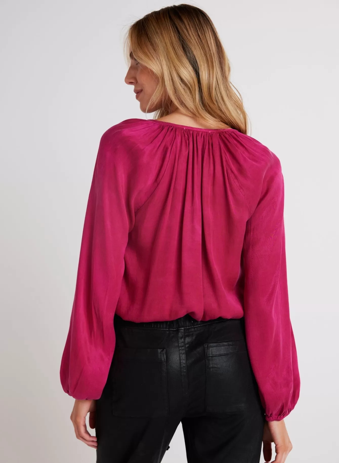 Bella Dahl Long Sleeve-Shirred Button Front Blouse - Fuchsia Berry