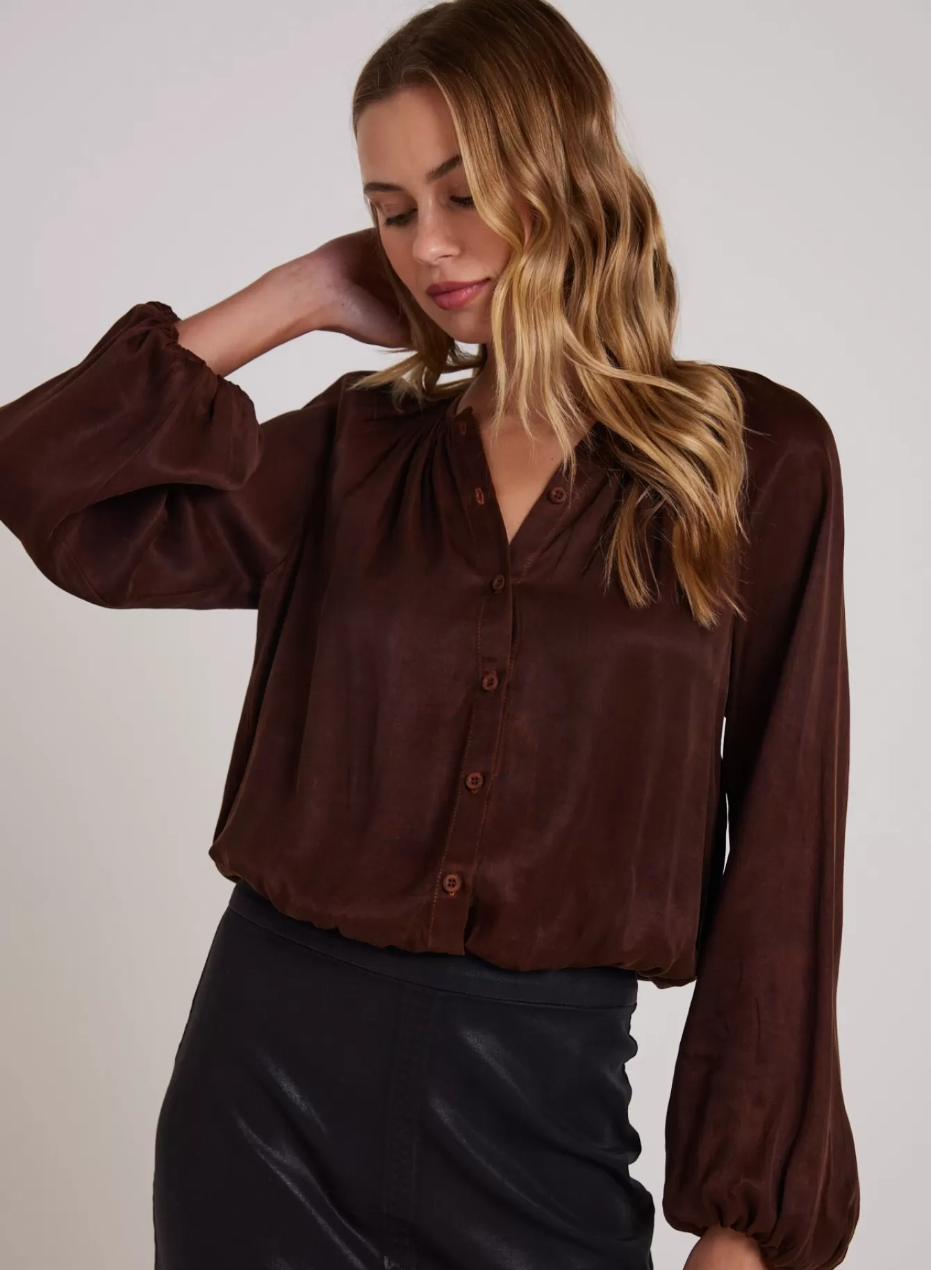 Bella Dahl Long Sleeve-Shirred Button Front Blouse - Mahogany Brown