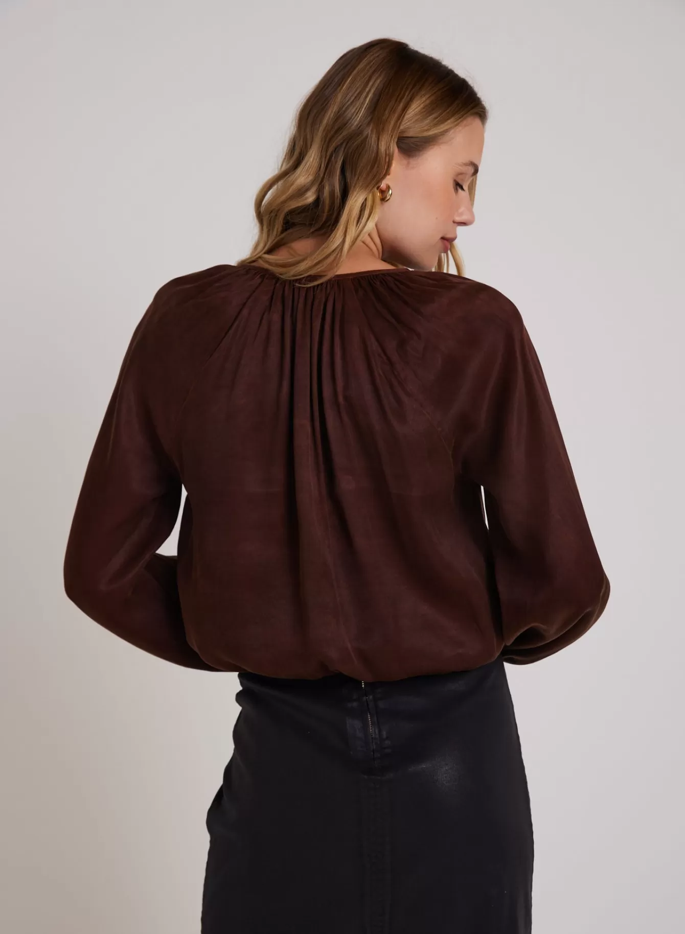 Bella Dahl Long Sleeve-Shirred Button Front Blouse - Mahogany Brown